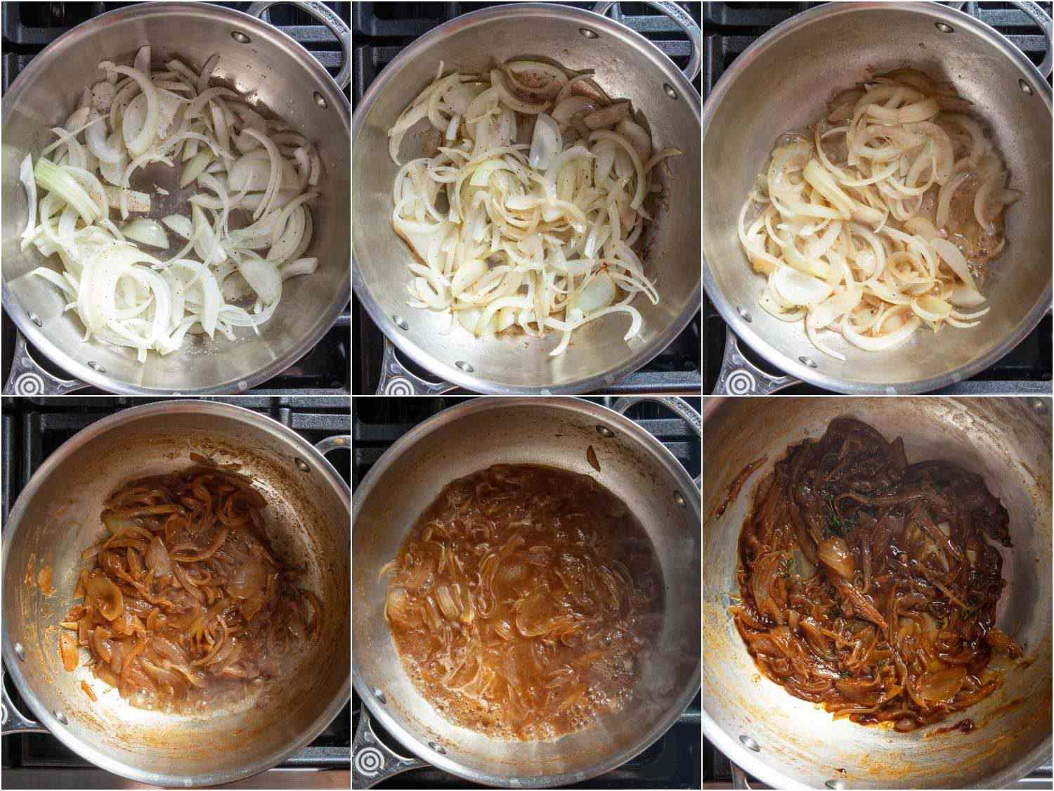 Photo collage showing progression of sliced onions caramelizing in a saucepan.