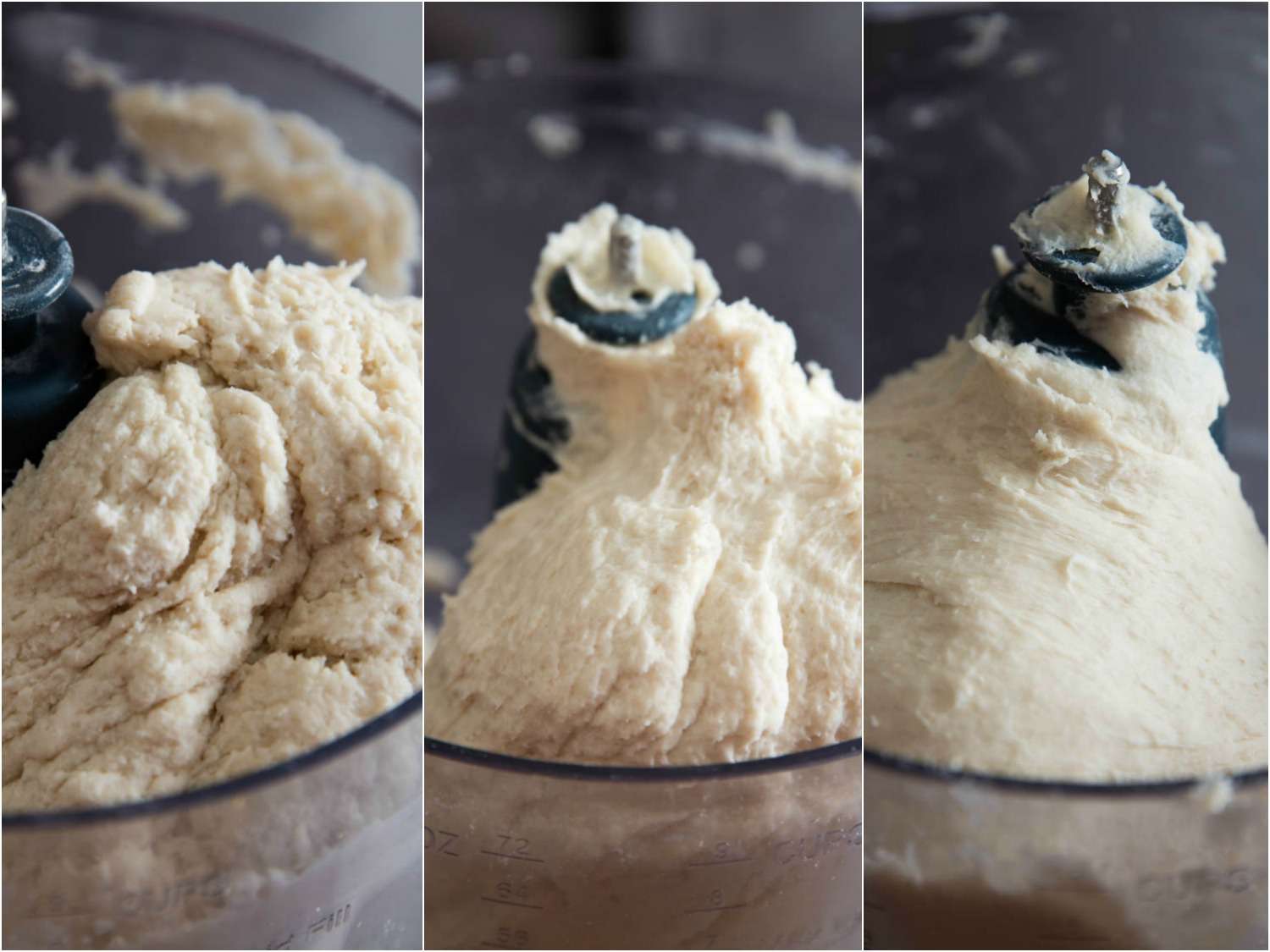 Stages of dinner roll dough in a food processor, from rough to smooth. 