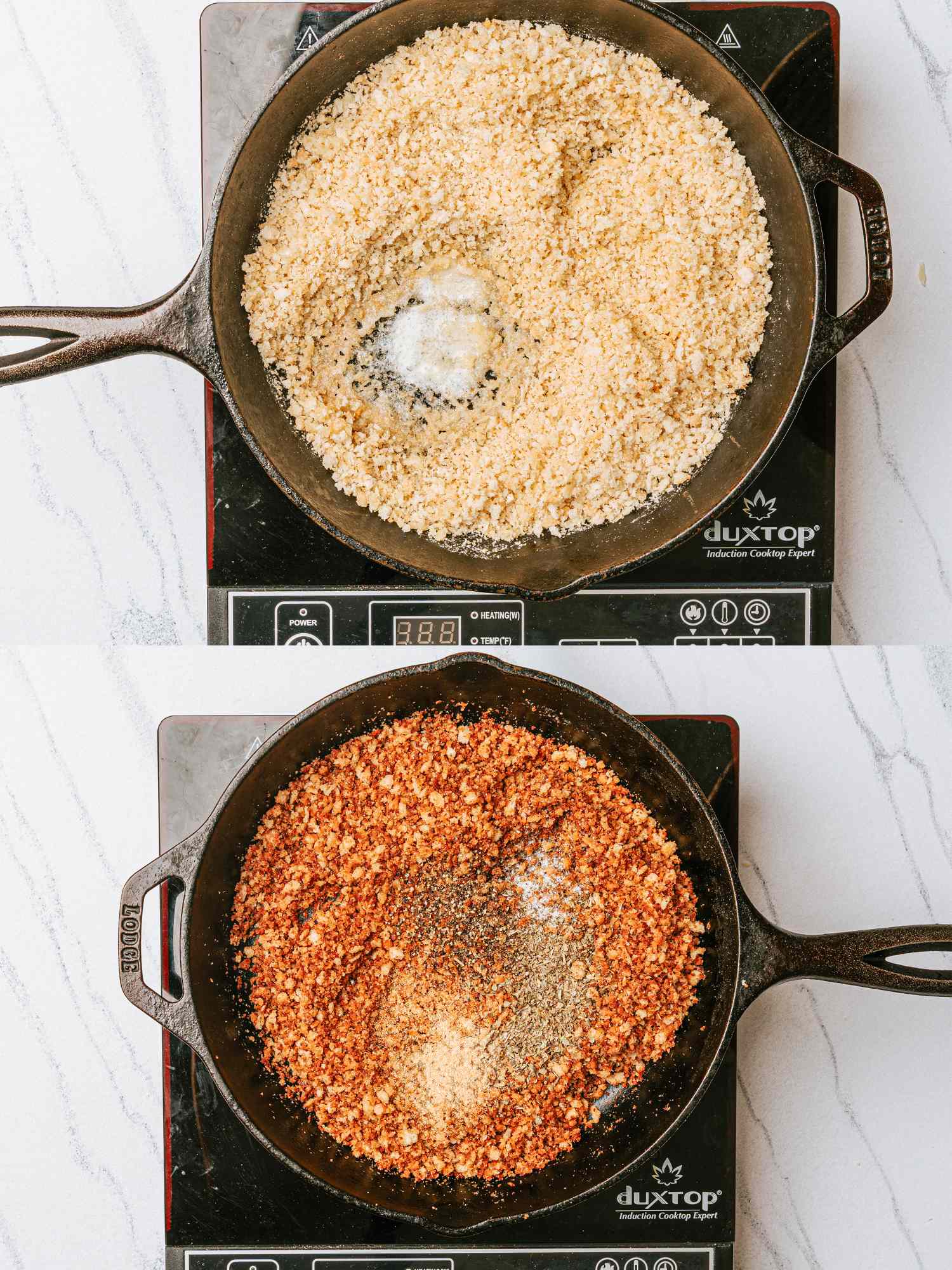 Two images of a skillet on a stovetop suitable for a cooking demonstration