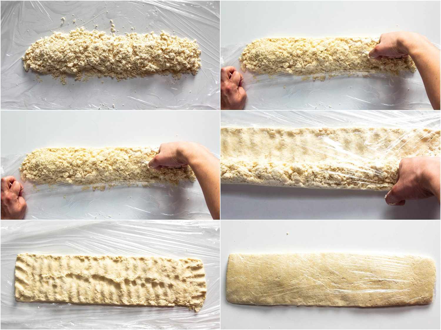 Collage of six images depicting forming alkalized noodle dough into sheet-like shape, using plastic wrap and fists