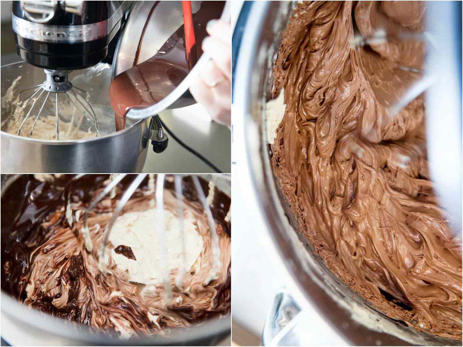A three-image collage: adding melted chocolate to buttercream and whipping it with a stand mixer.
