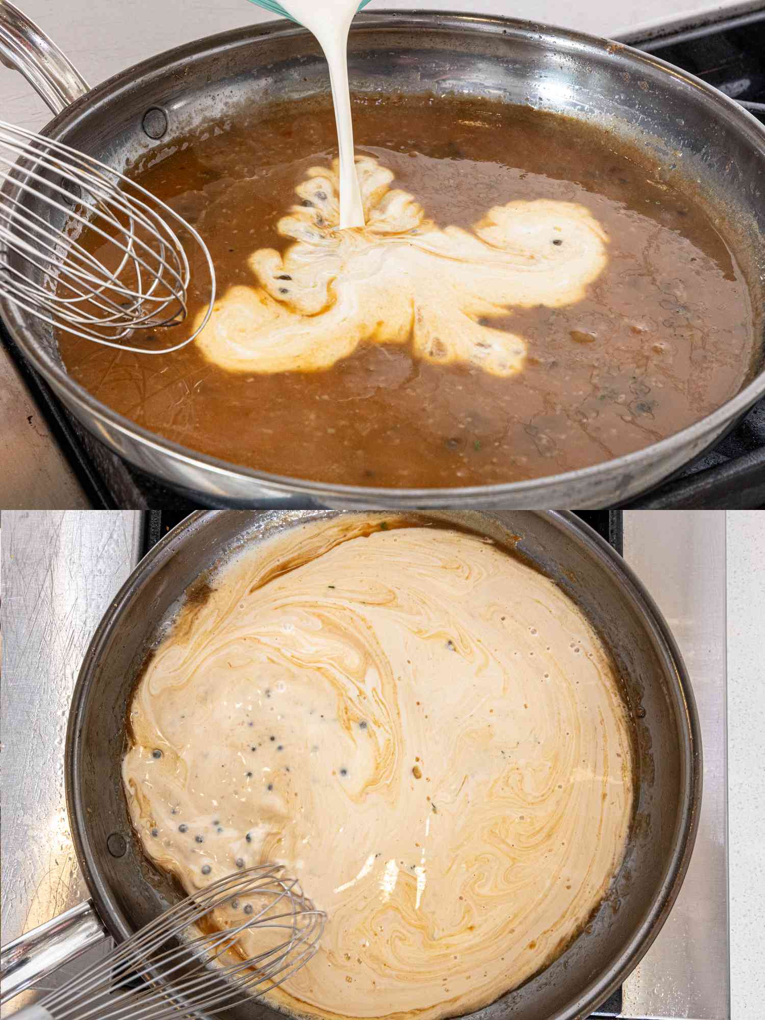 2 image collage. Top:Adding cream to peppercorn mixture in a skillet. Bottom: Whisking in cream and reducing it in skillet