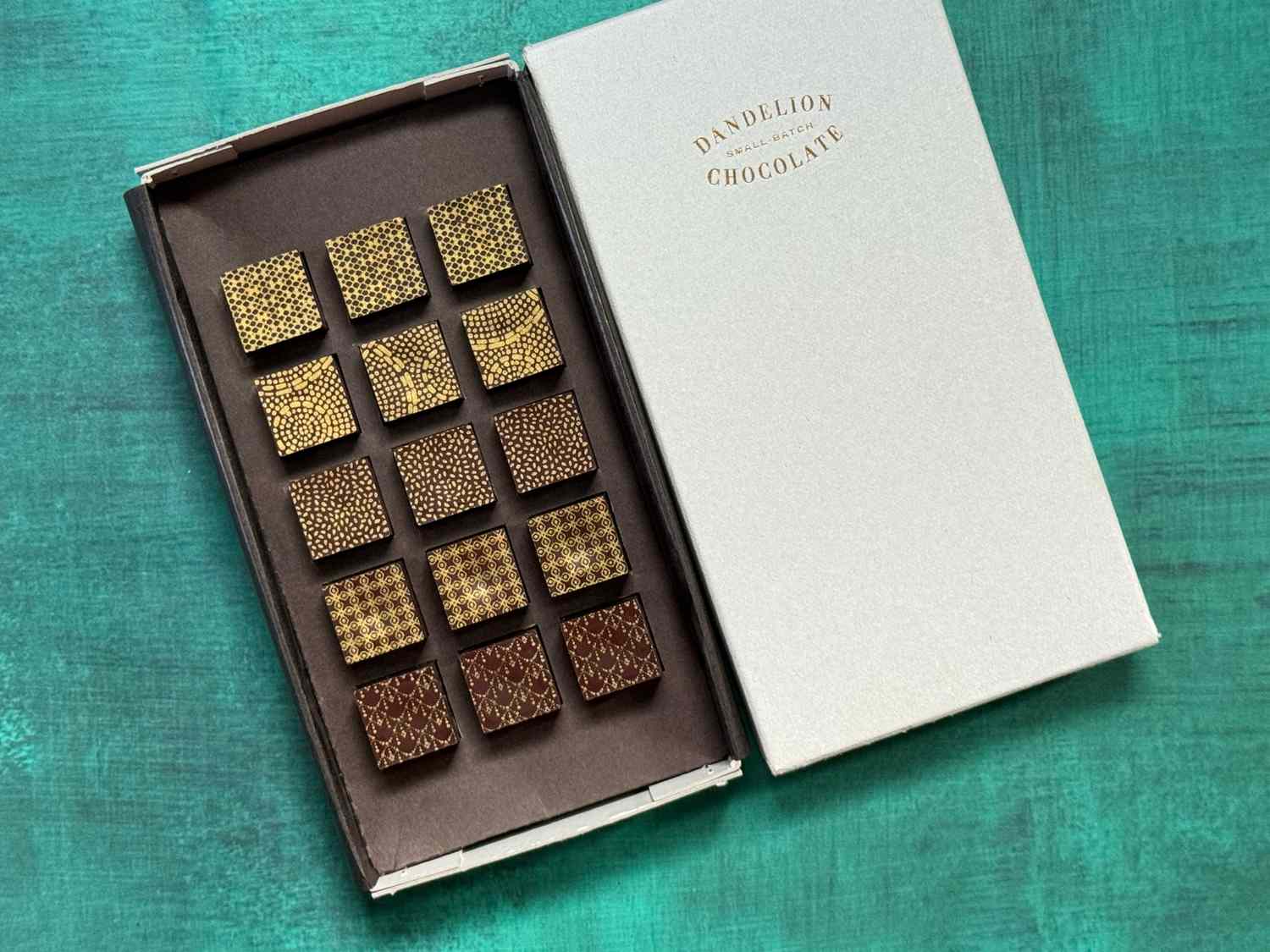 Dandelion chocolates on a teal background