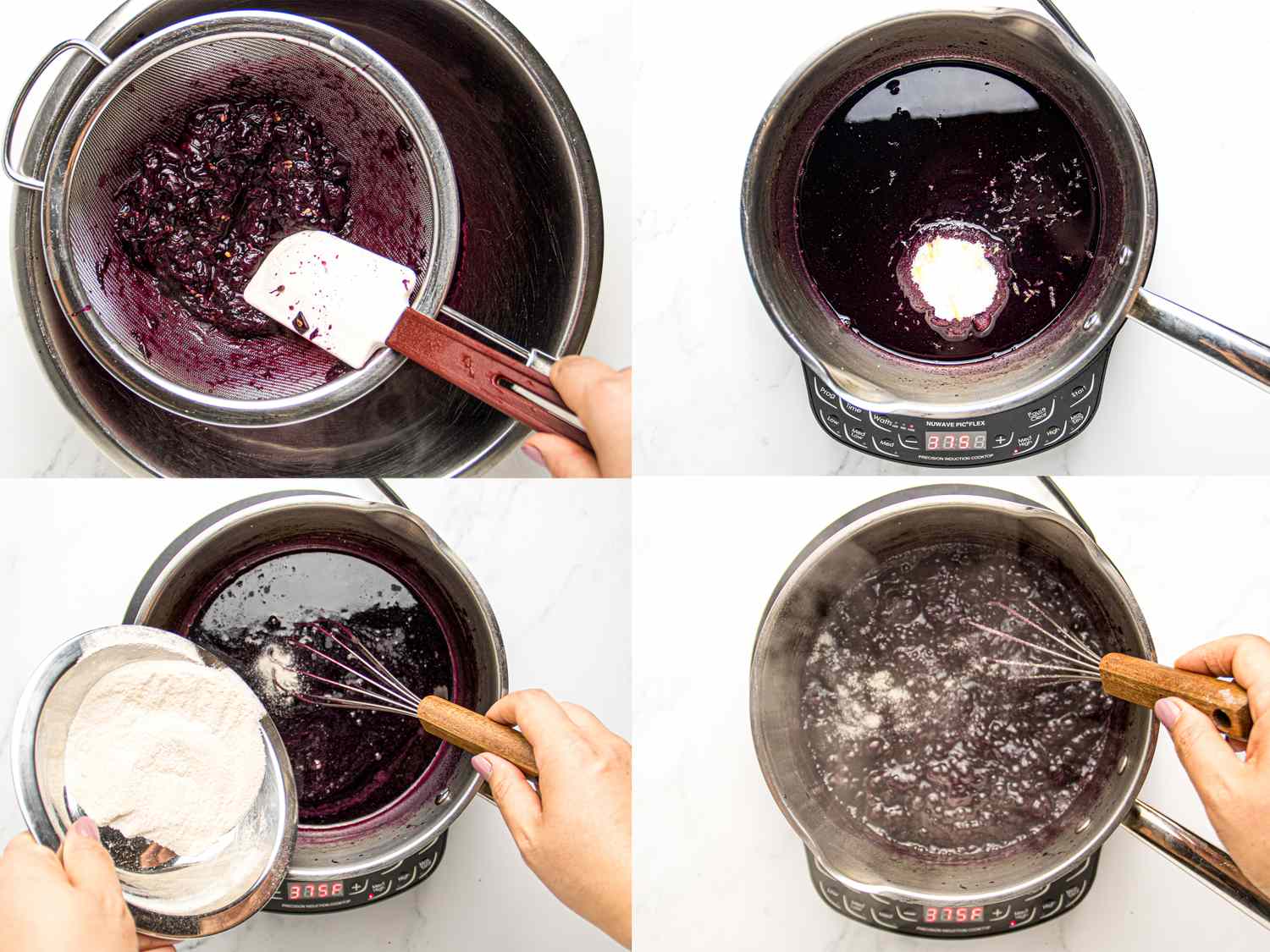 Stepbystep process showing the preparation of a jelly mixture on a stovetop incorporating ingredients and mixing