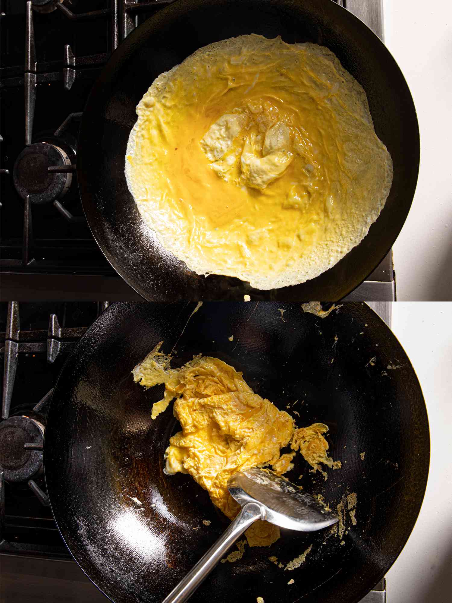 Two image collage of frying eggs in wok
