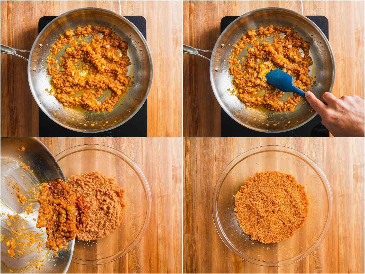 Cooking aromatics with Aleppo pepper and adding to hydrated bulgur.