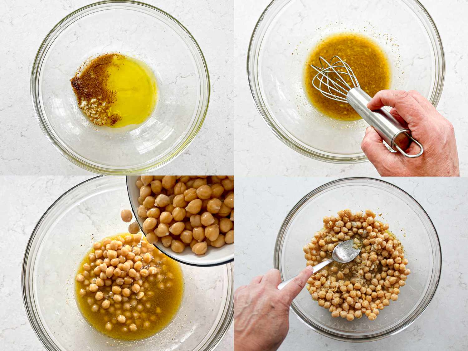 Four image collage of mixing dressing and mashing chickpeas
