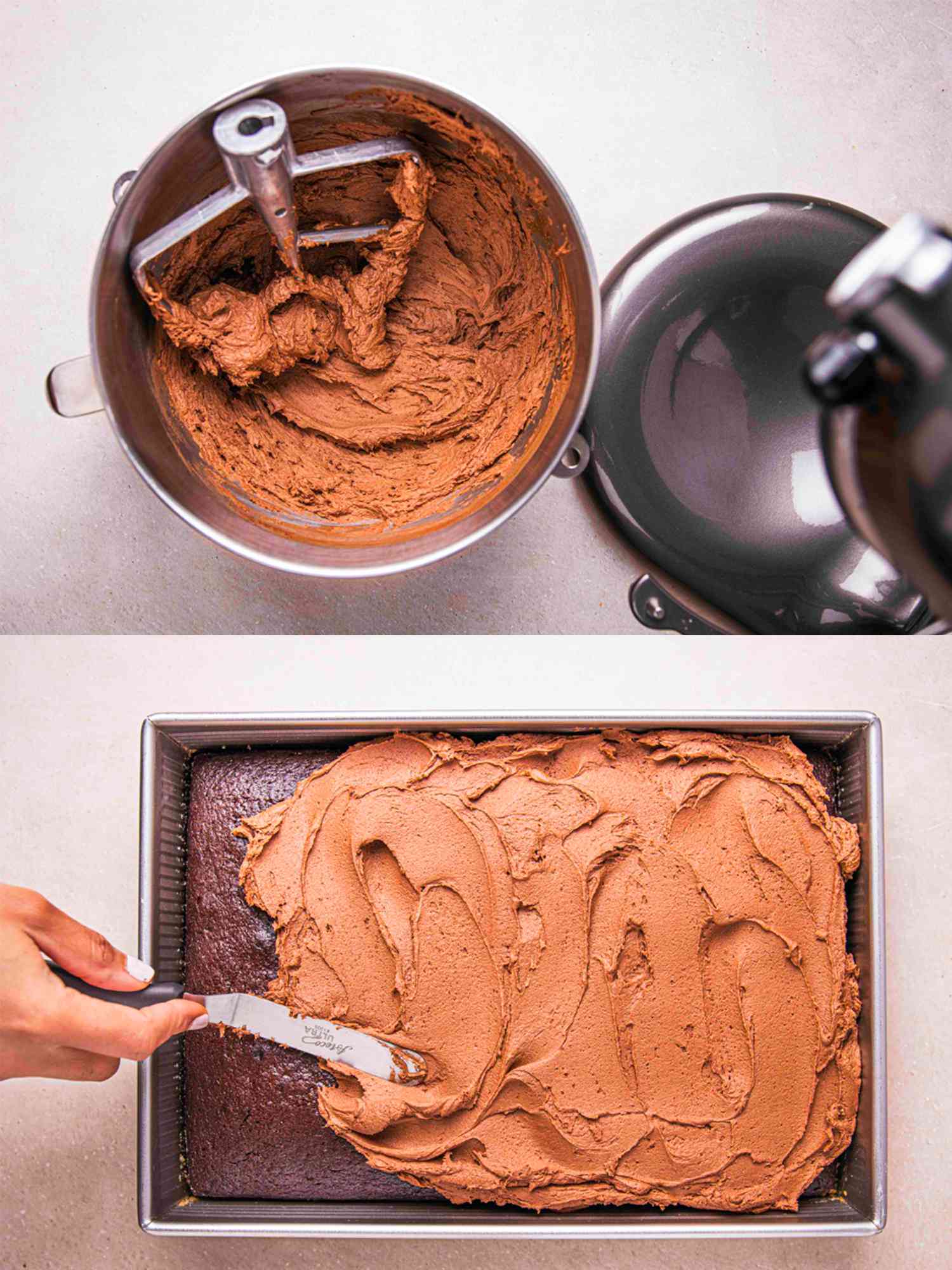 Two image collage of making frosting and icing cake