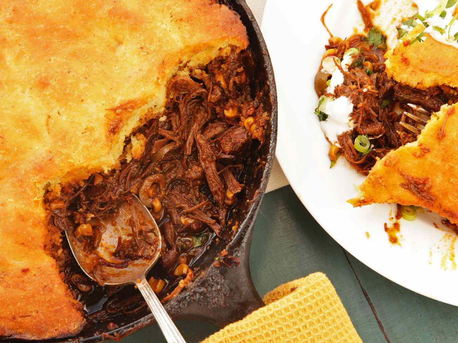 Tamale Pie With Braised Skirt Steak, Charred Corn, and Brown Butter Cornbread Crust