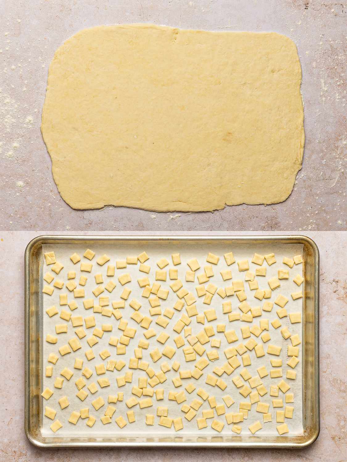A two-image collage. The top image shows the dough rolled out on a well floured surface into a thickness of â inch. The bottom image shows a parchment-lined half sheet pan filled with half-inch squares of cut dough.