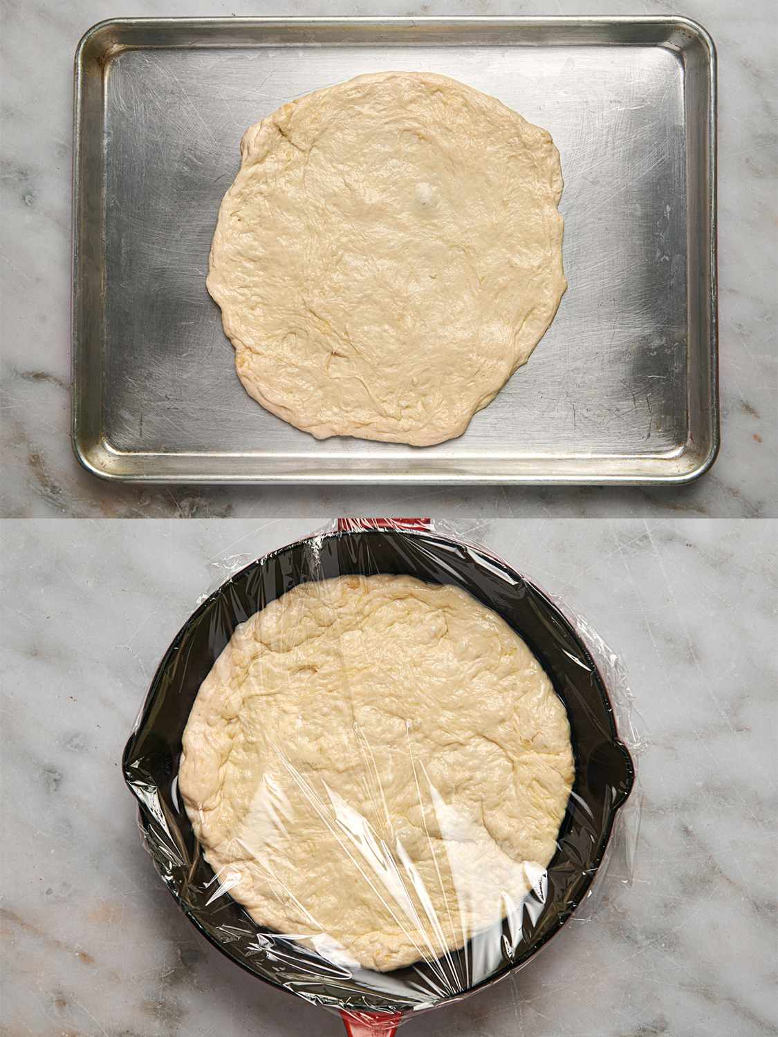 A two-image collage. The top image shows a ball of the oil-coated dough now spread into a 10-inch circle on a half sheet pan. The bottom image shows the dough transferred to a 10-inch, greased cast iron pan. The pan is covered with plastic wrap.