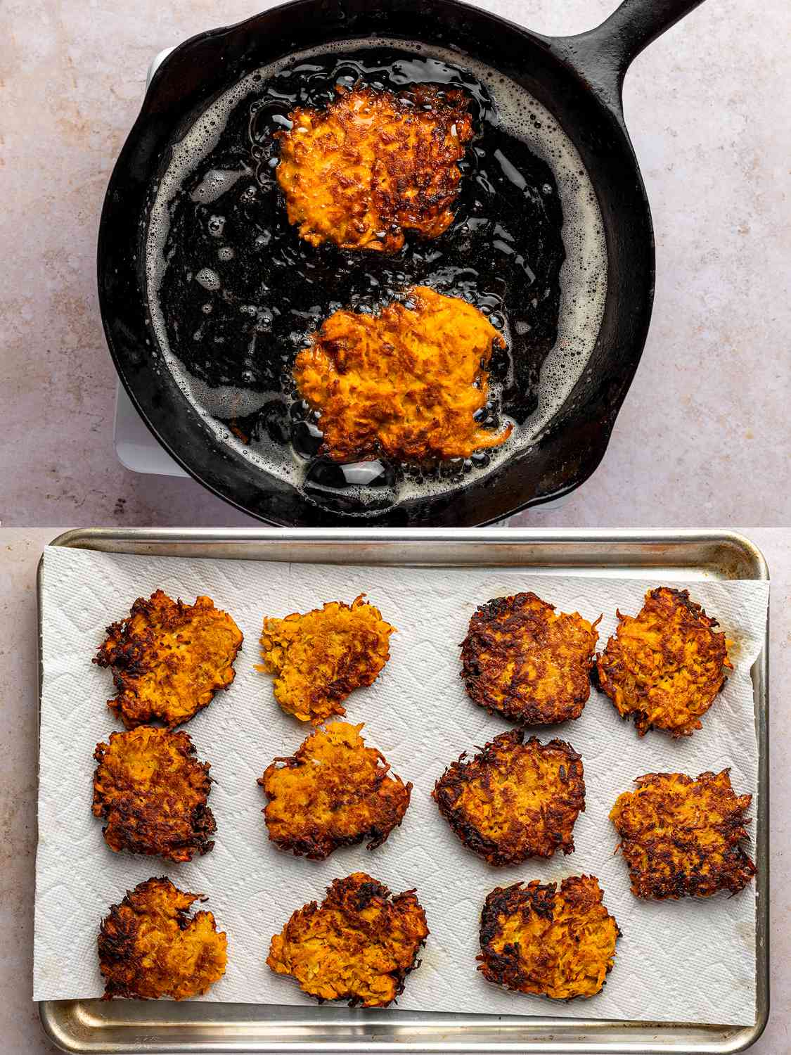 A two-image collage showing the latkes first being fried in oil in cast iron pan, and then being drained on a layer of paper towels inside of a sheet pan.
