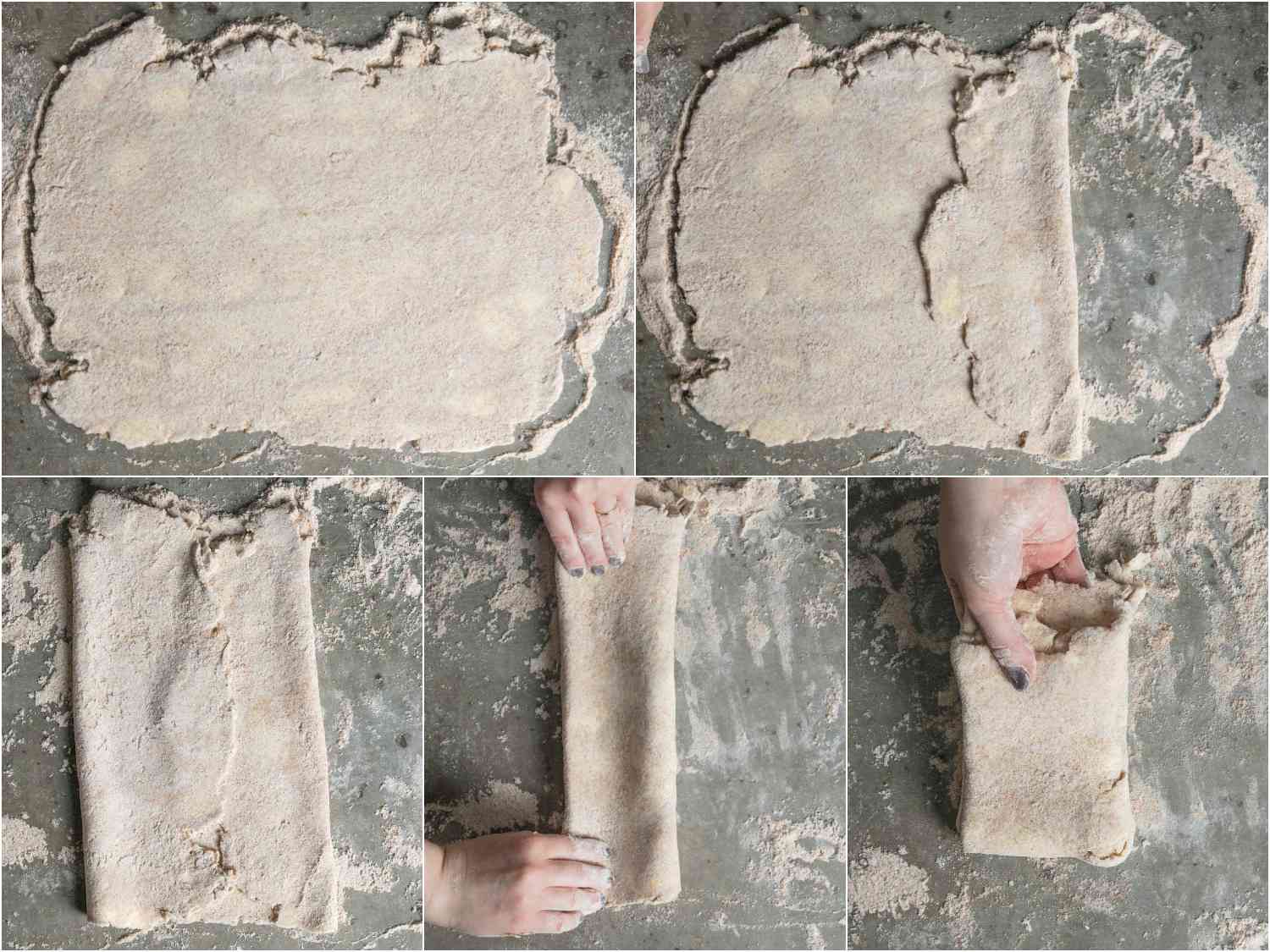 Collage of rolled-out pie dough being folded to create layers.