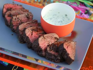 A platter of red-wine marinated with horseradish sauce