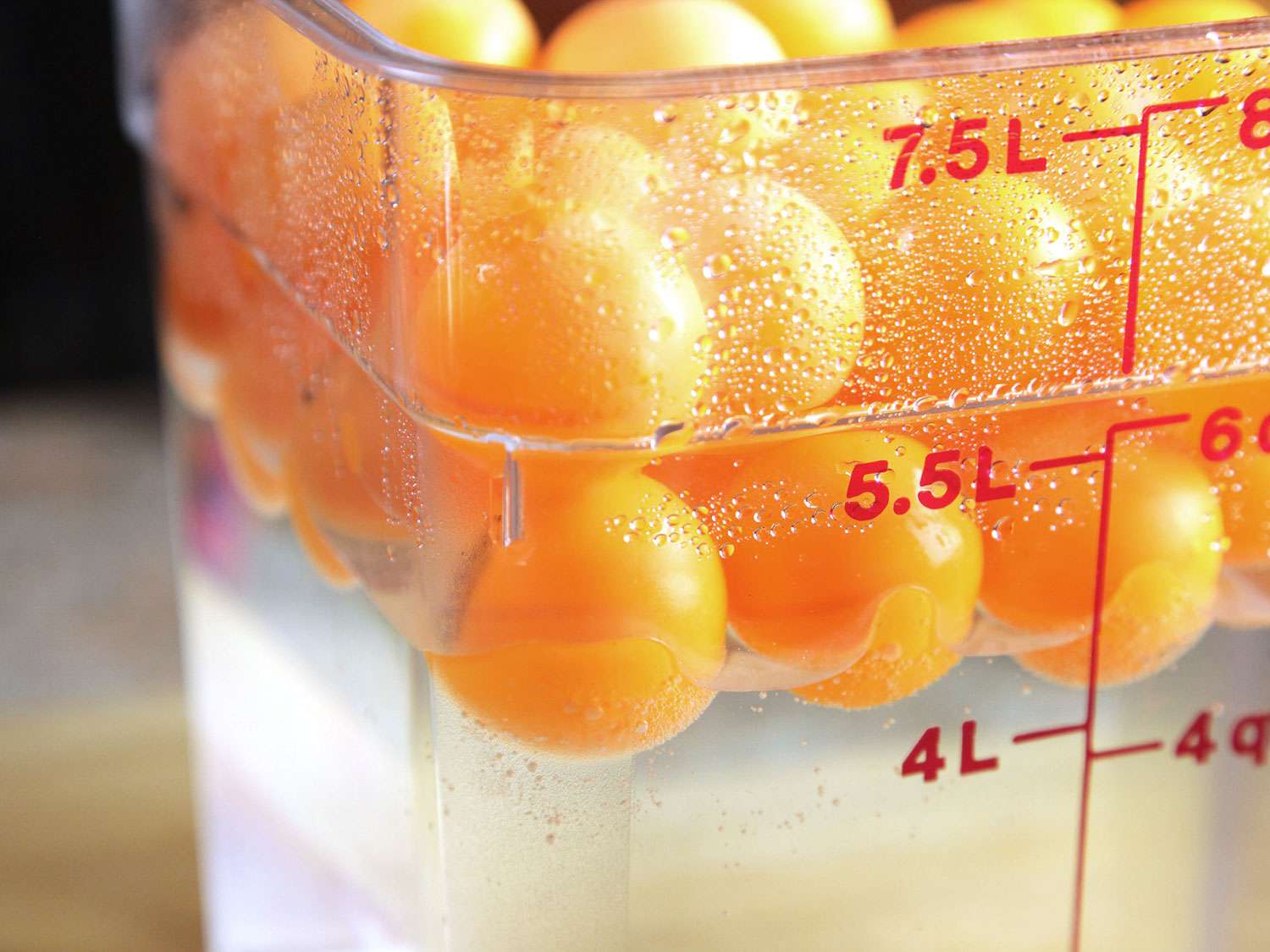 A sous vide bath covered in ping pong balls.