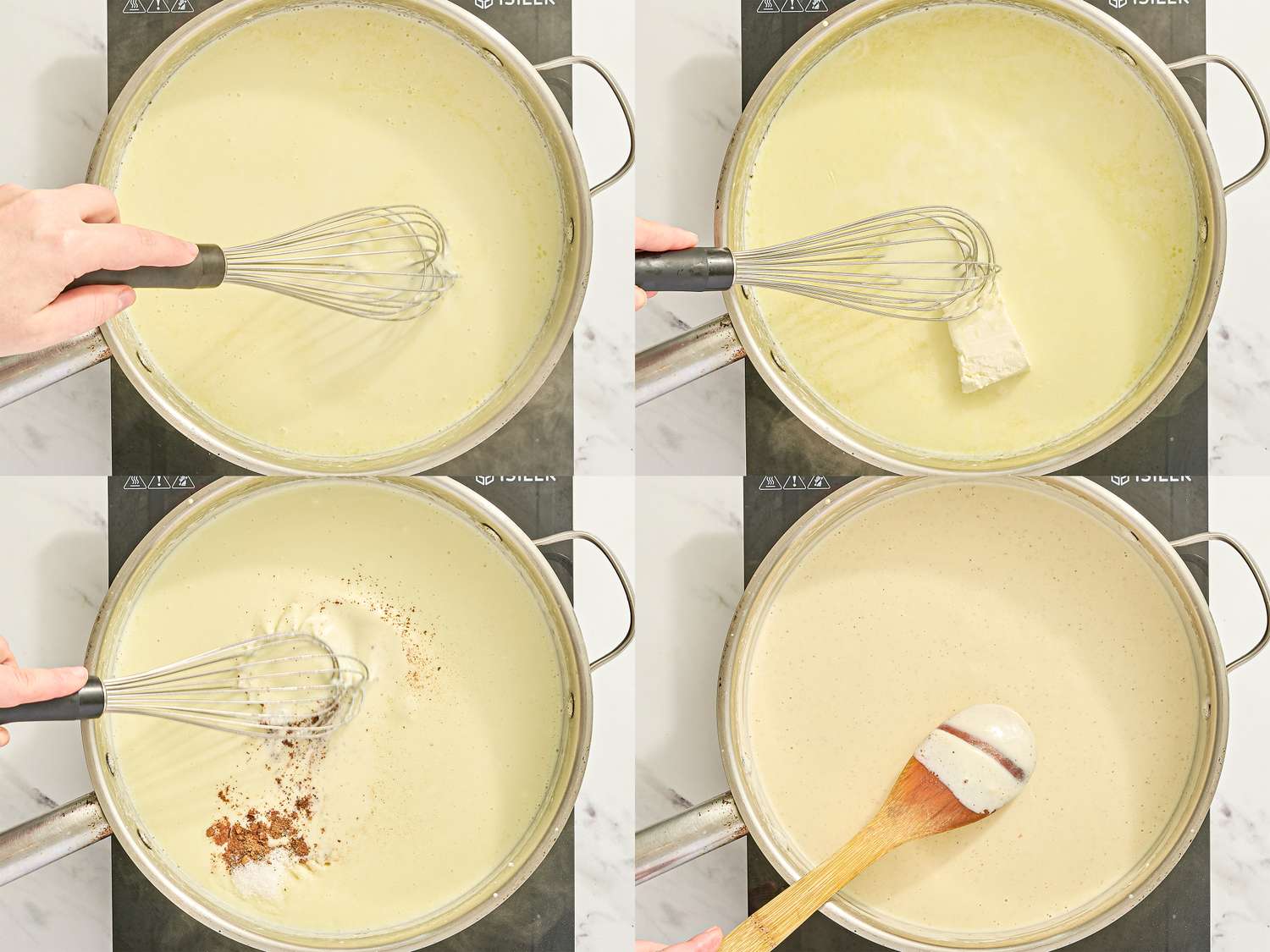 A stepbystep sequence of cooking a sauce on a stove