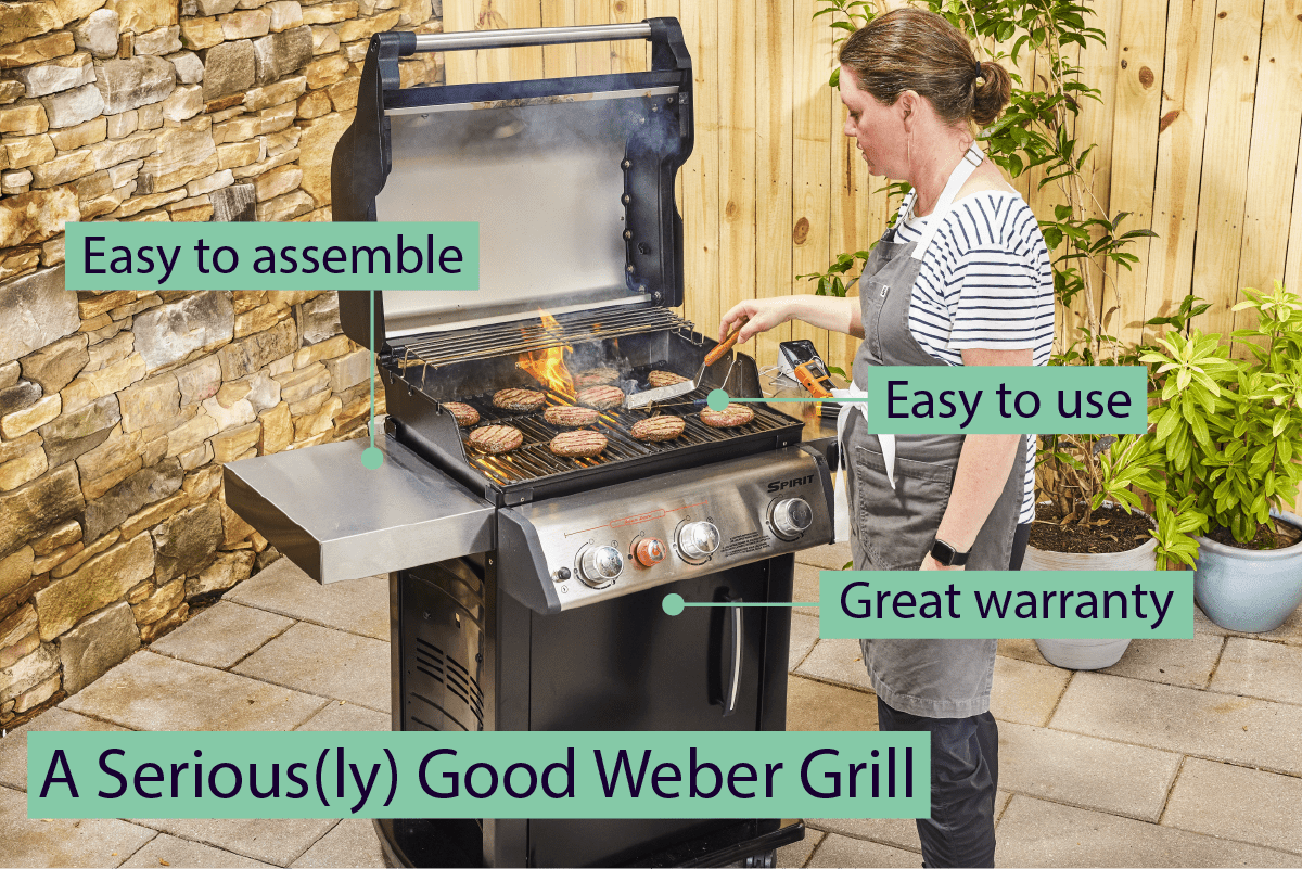 A person flipping burgers on a Weber grill.