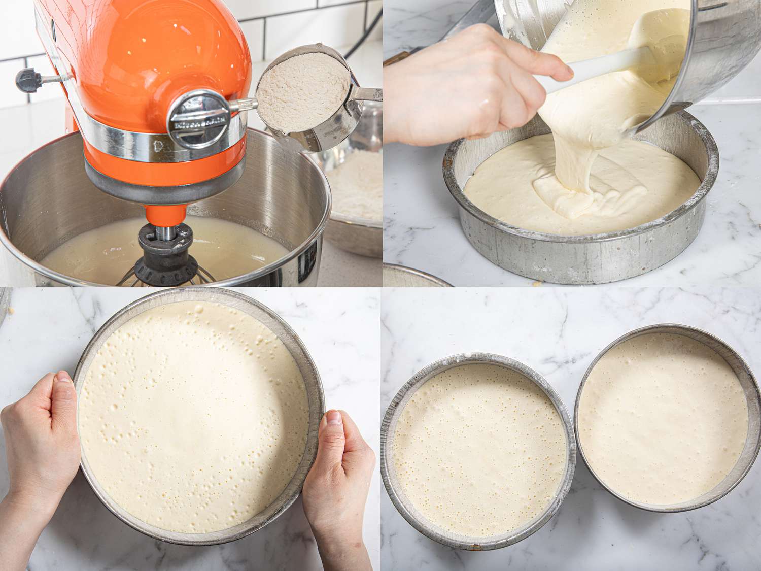Four image collage of adding cake mixture to pans