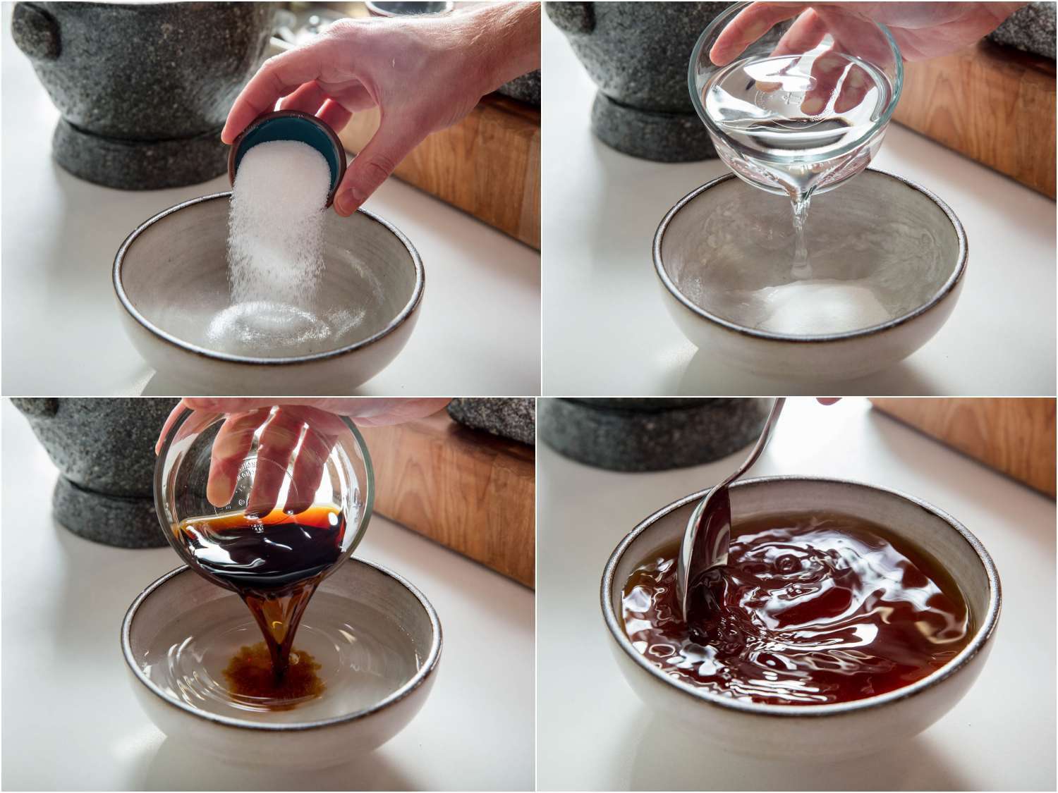 Process shots of stirring together sugar, distilled vinegar, and soy sauce for dipping sauce.