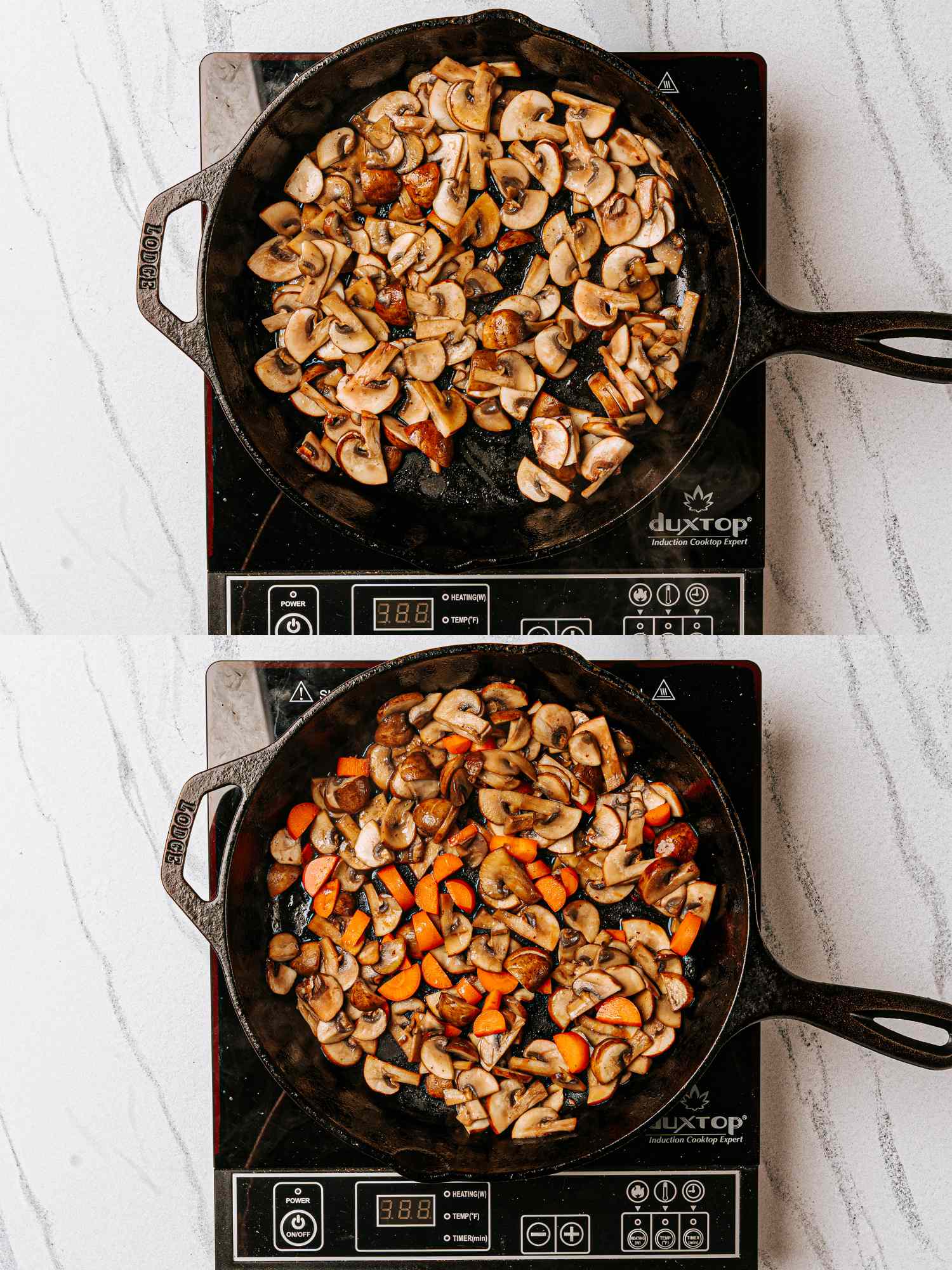 Two stages of cooking mushrooms and vegetables in a skillet displayed on a stovetop
