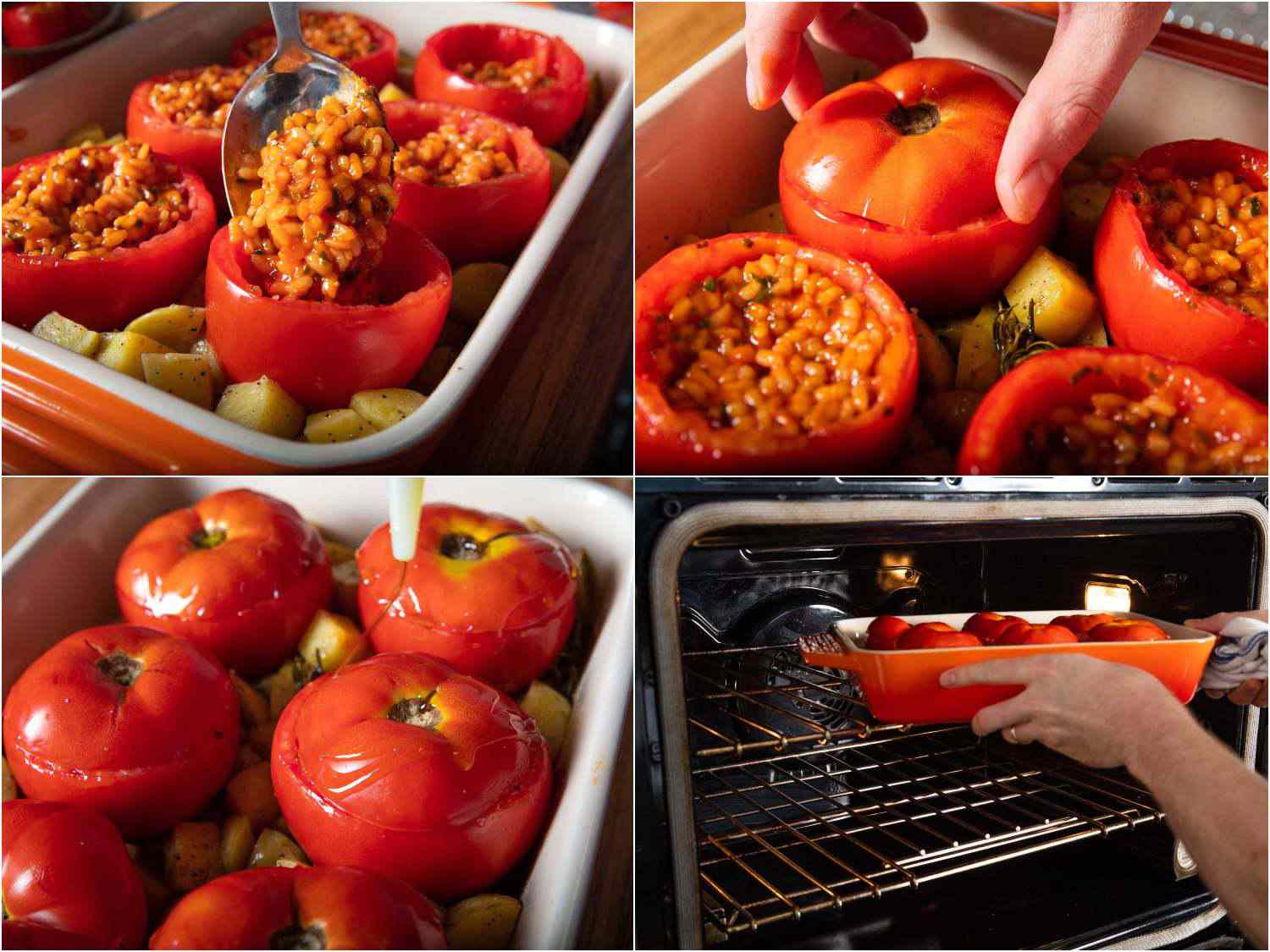 Collage of four images showing filling tomato cavities with parcooked rice, closing the lid on each tomato and transferring the casserole dish into the oven. 