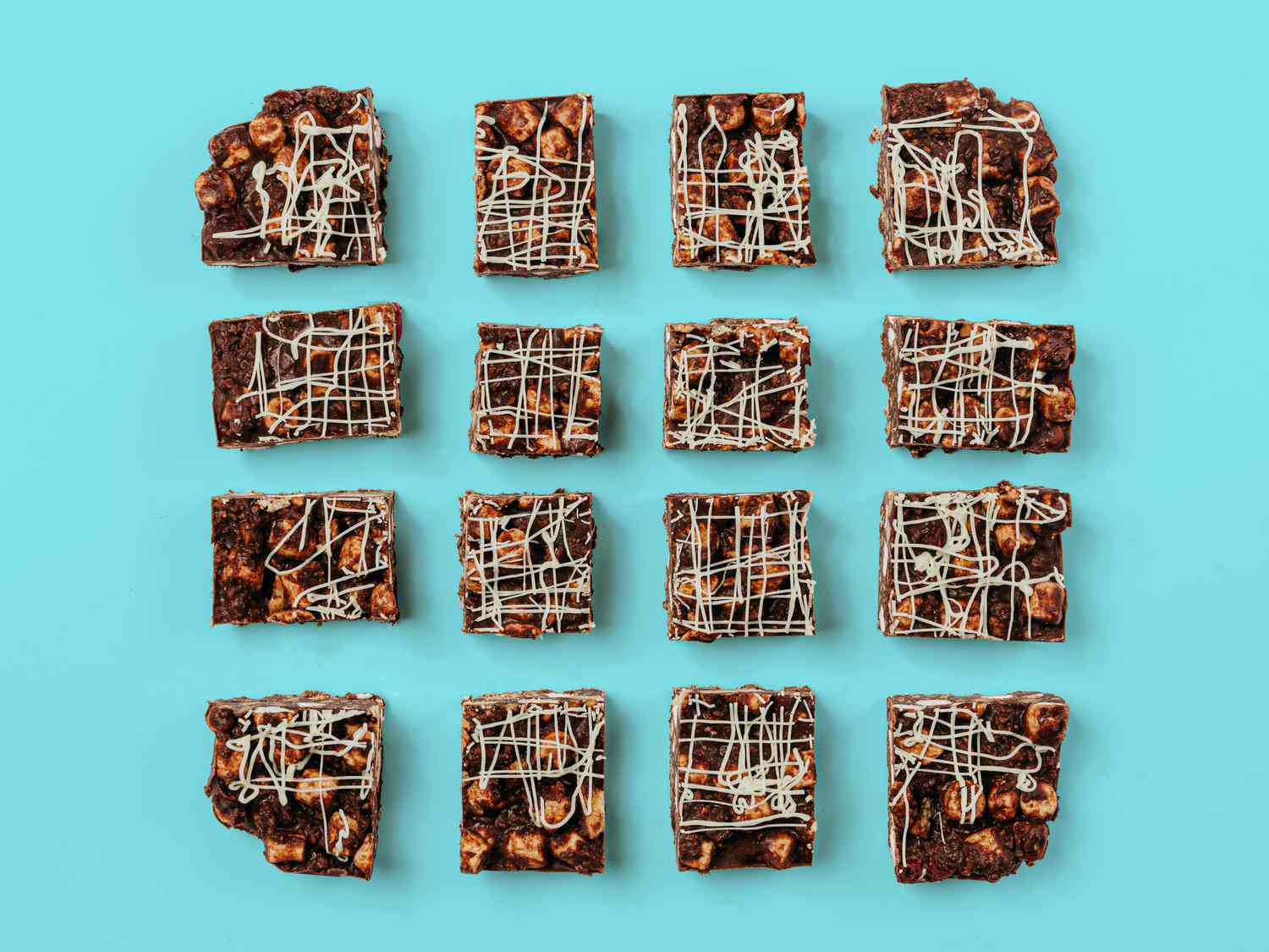 Rocky Road squares on a light blue background in an even grid