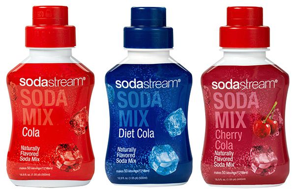 Three SodaStream bottles: cola, diet cola, and cherry cola.