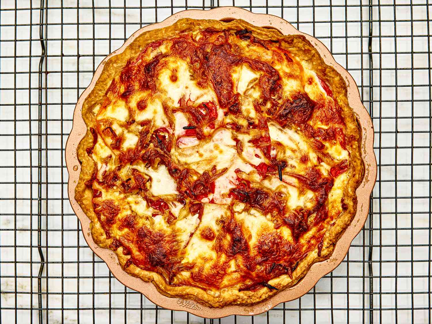 Overhead view of cooked tomato pie