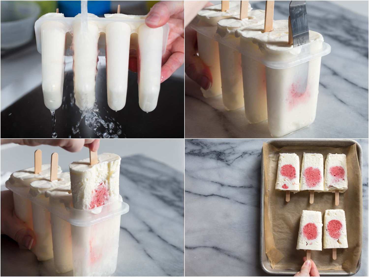 A four-image collage. The top left image shows running the popsicle molds under water. The top right image shows sliding an offset spatula between the ice cream and the mold. The bottom left image shows lifting the ice cream bars from the mold. The bottom right image shows placing the unmolded ice cream bars on a parchment paper-lined baking sheet. 