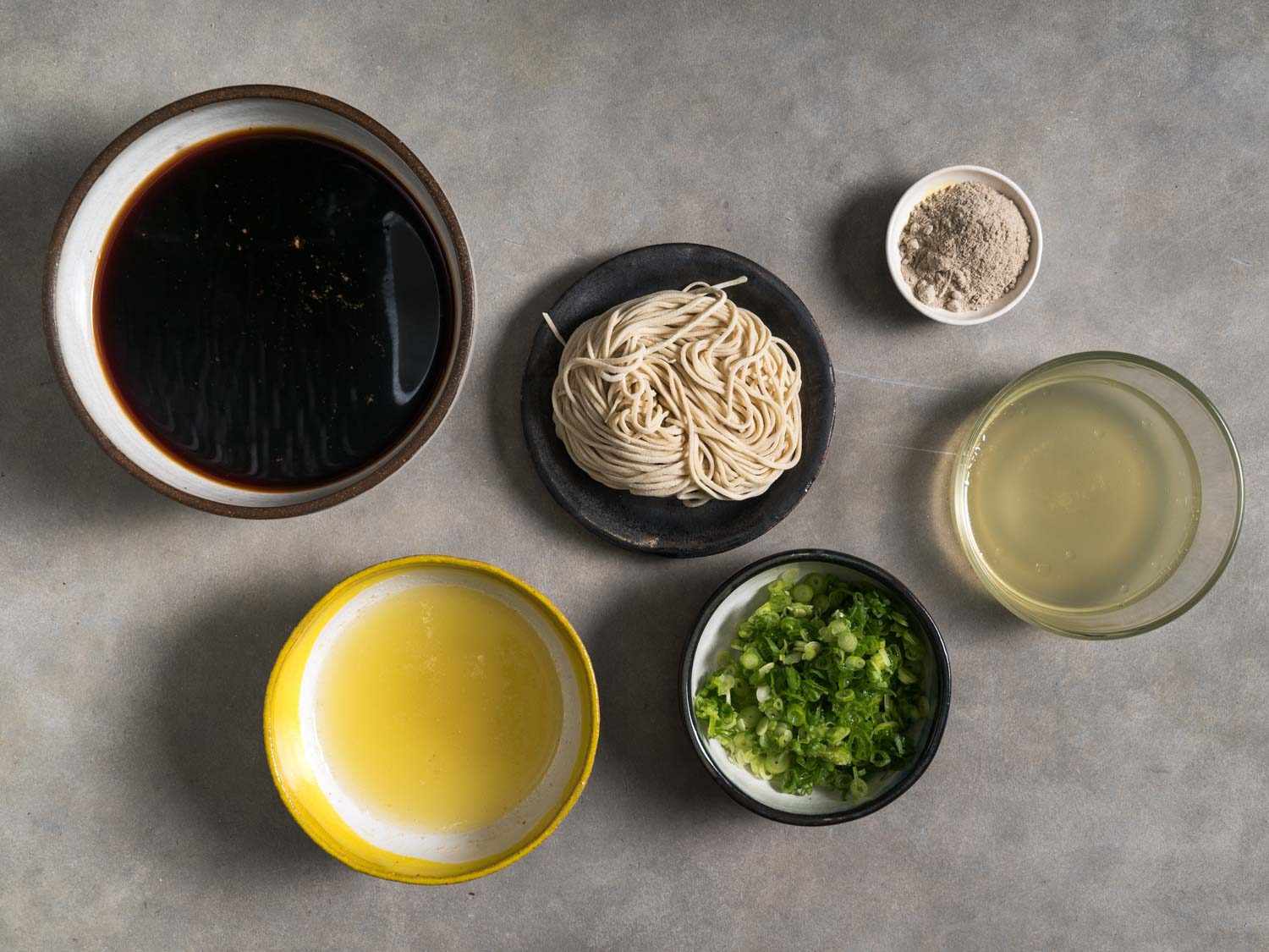 Components to make a bowl of shoyu ramen
