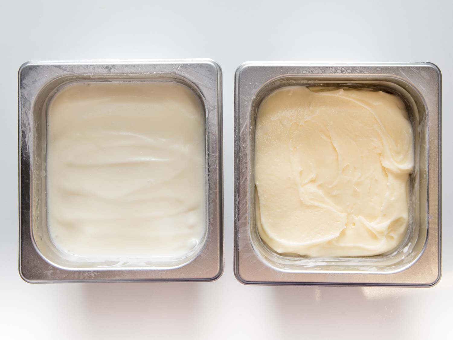 Color deviations in homemade gelato: the one on the left container is bright white color, while the one on the right is slightly off-white.