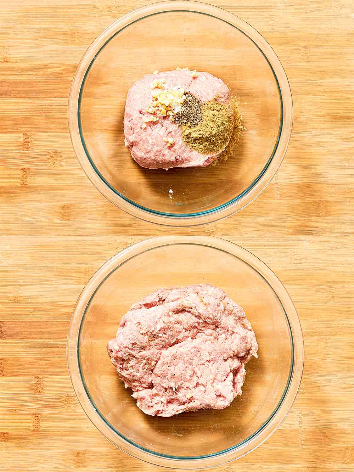 Two image collage of an overhead view of meat with spices before and after being mixed together in a glass bowll