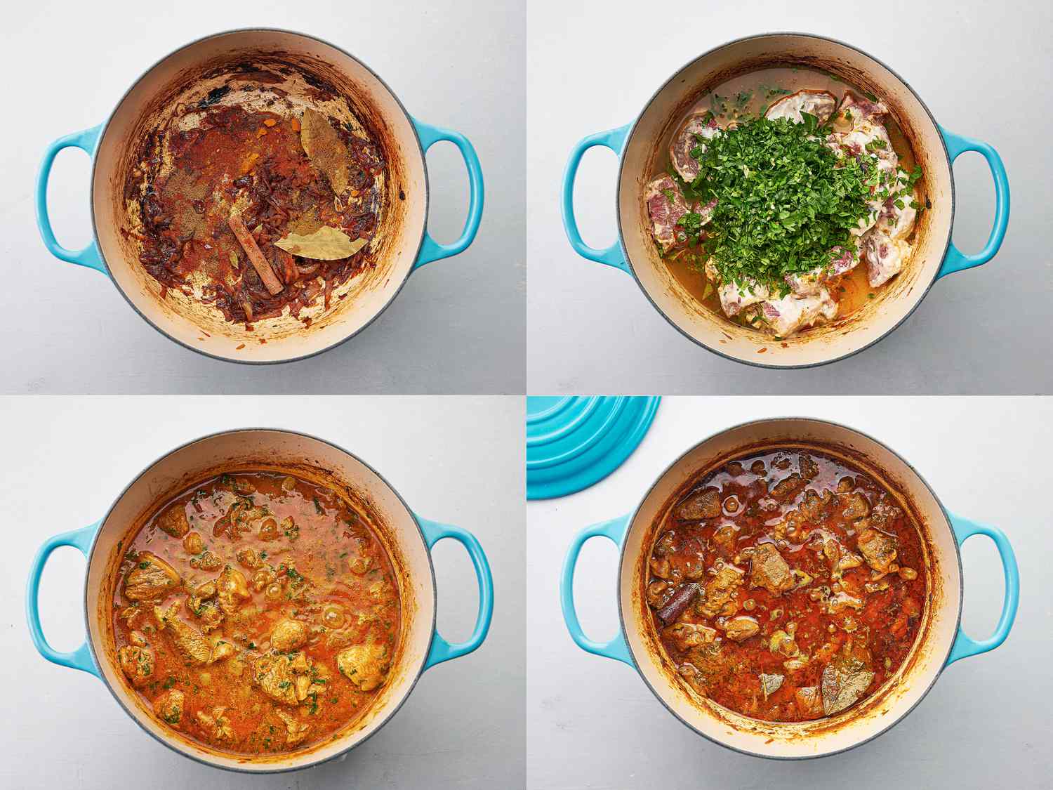 Four image collage of adding spices, lamb, herbs, and stock and cooking lamb in Dutch oven