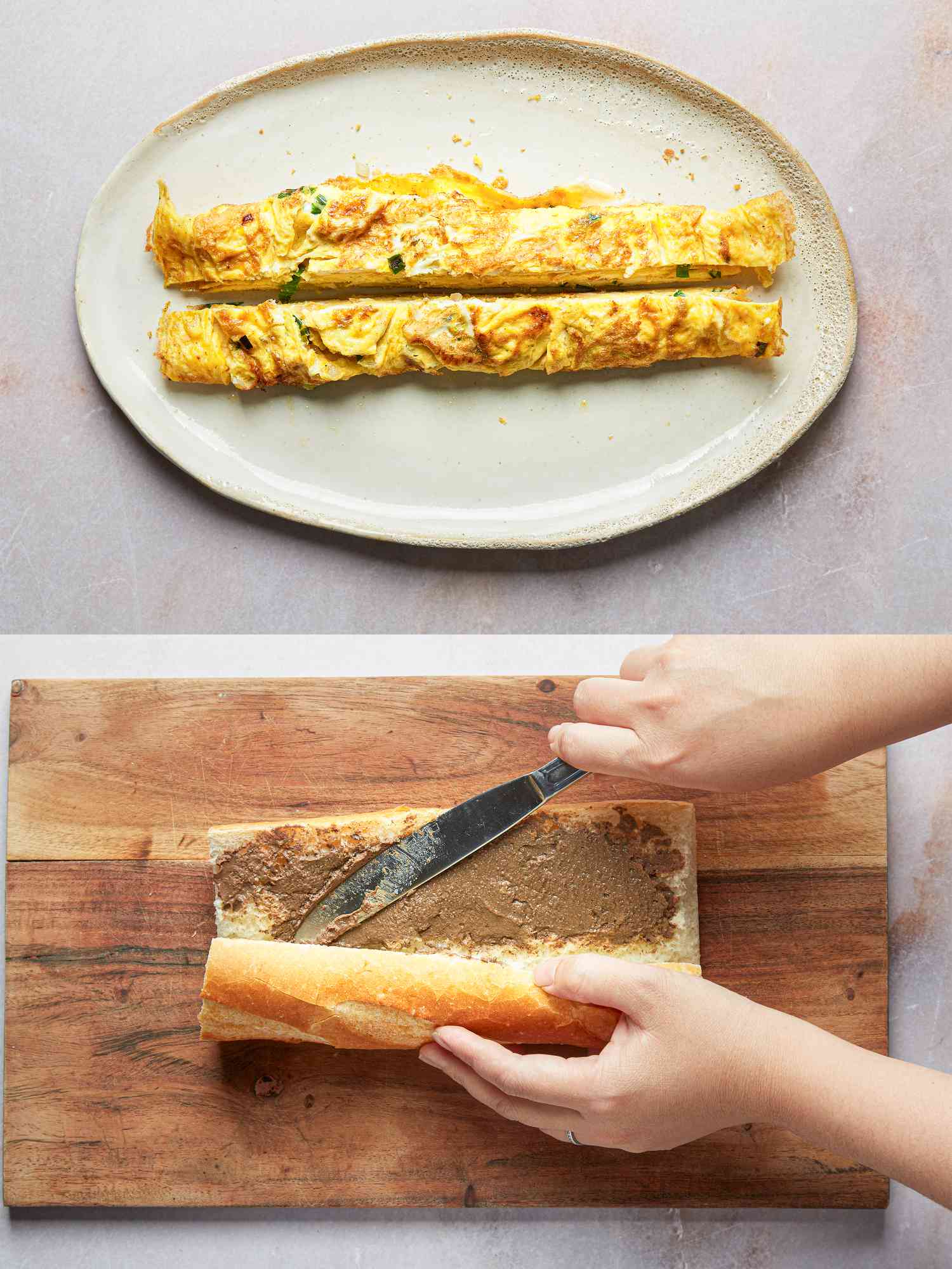 Two image collage of omelette cut in half and spreading pate on half of a banh mi loaf
