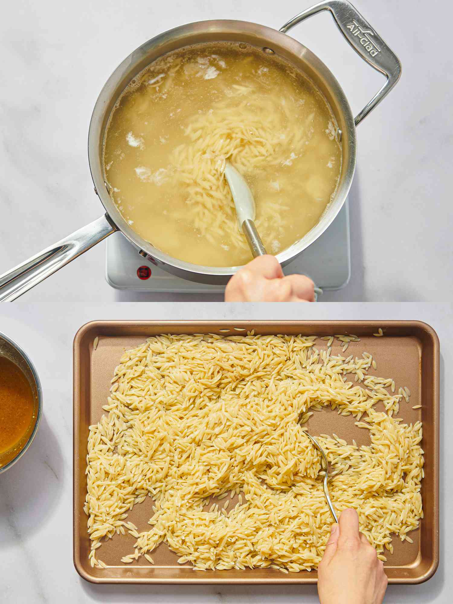 2 image collage. Top: boiling orzo in pot. Bottom: stirring orzo on sheetpan 