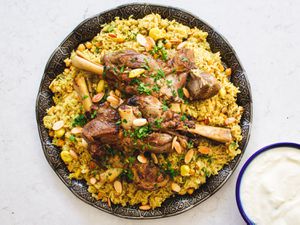 Overhead view of Qidreh with a side plate of yogurt