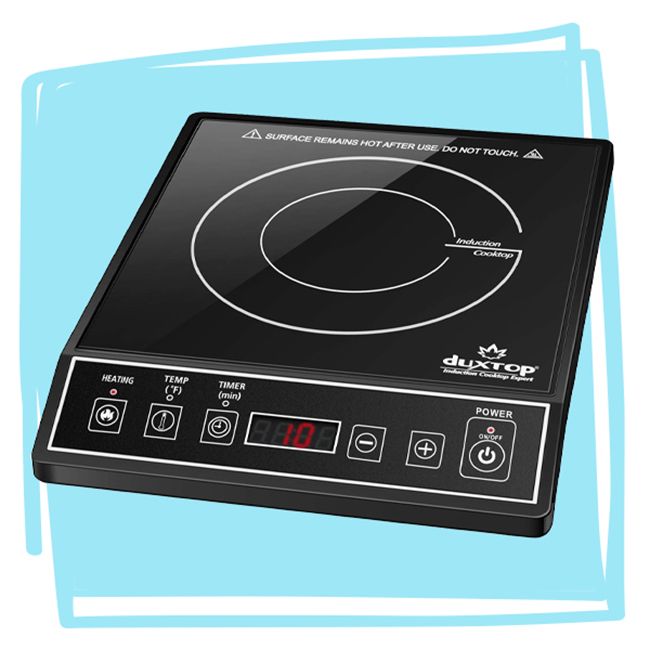 A Duxtop portable induction cooktop with control buttons and temperature display