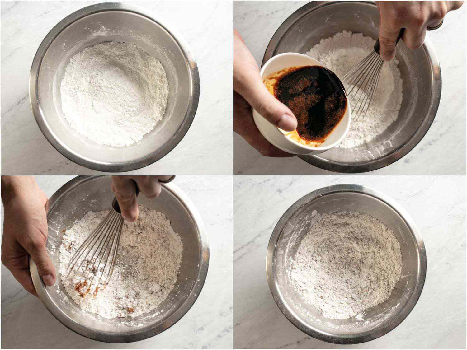 A collage: combining ingredients for dry coating, adding reserved marinade and whisking until the mixture resembles coarse sand. 