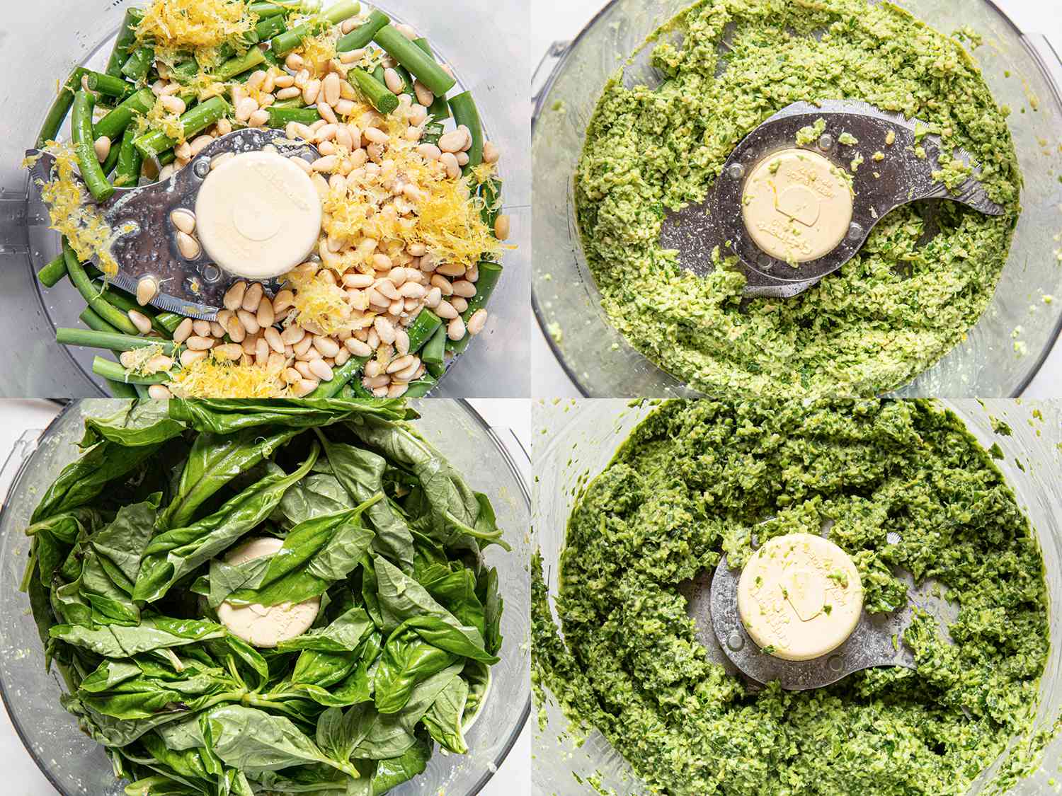 Four Image Collage. Top Left: Unmixed peans, garlic scapes, and lemon zest in a food processor. Top Right: Blended pesto in food processor. Bottom Left: Spinach added to food processor. Bottom Right: finished pesto in food processor