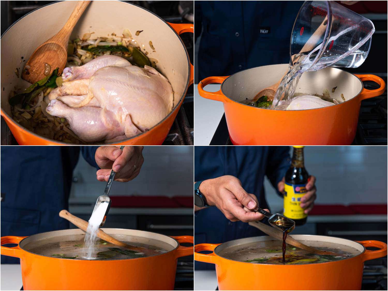 A 4-image collage: adding chicken to the sauteed aromatics, followed by water and seasoning to the broth. 