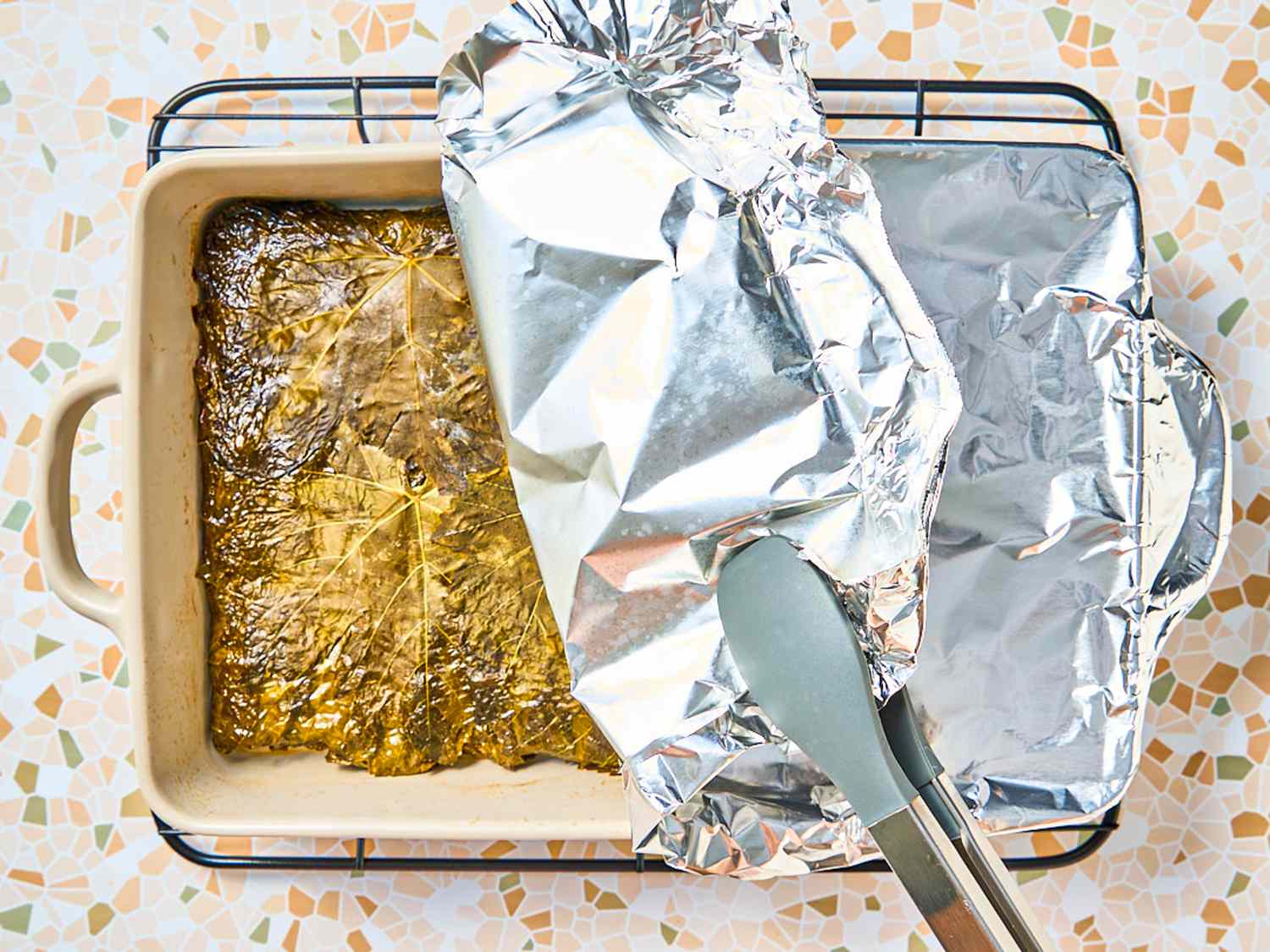 Overhead view of removing foil