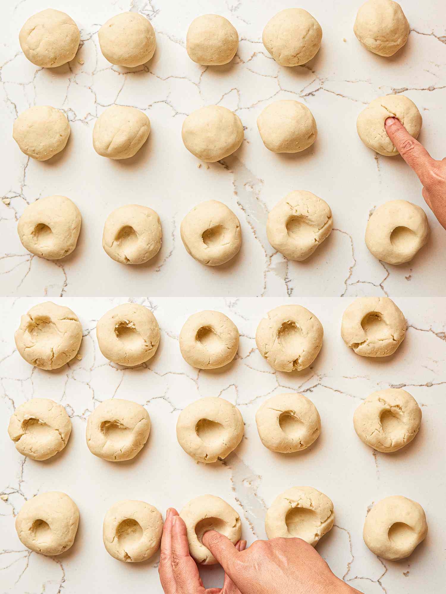 Overhead view of making wells in dough 