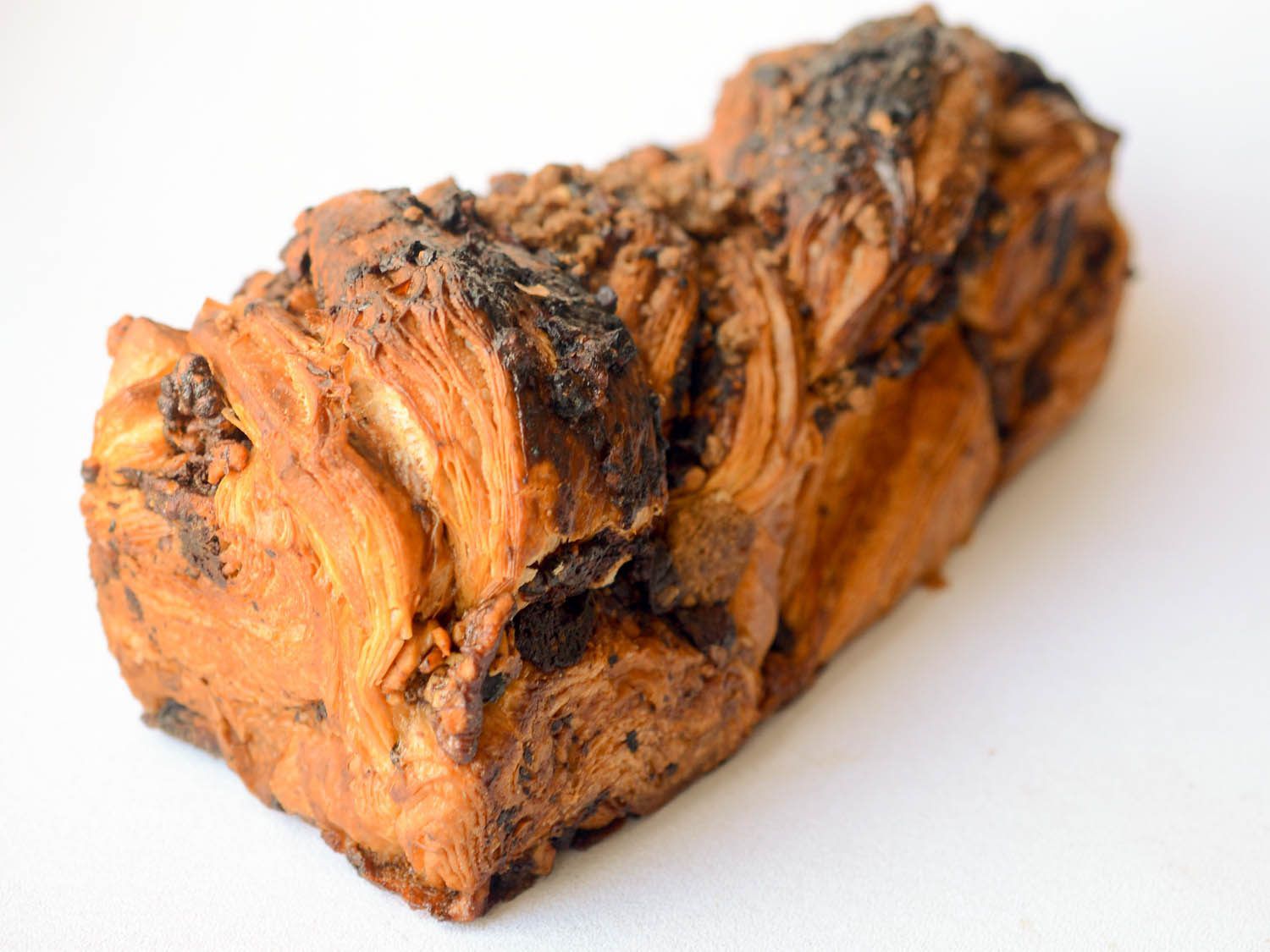 Diagonal overhead photo of chocolate babka.