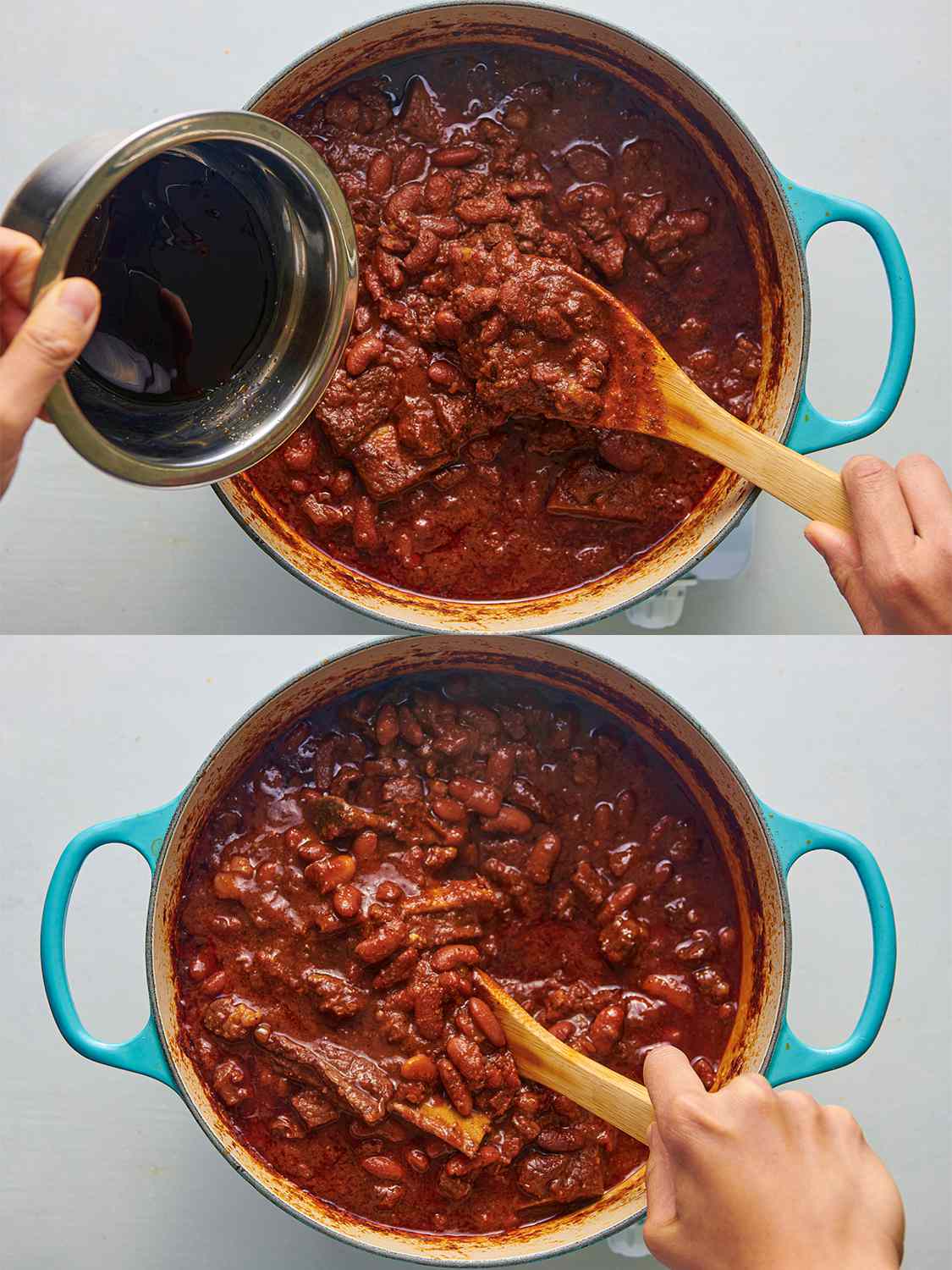 A two-image collage. The top image shows the alcohol, brown sugar, and and hot sauce about to be poured into the Dutch oven. The bottom image shows the pot being stirred with a wooden spoon, with all of the ingredients stirred together.