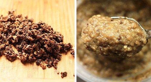 A two-image horizontal collage. The left side shows chopped browned mushrooms, the right shows eggplant puree inside of a spoon.