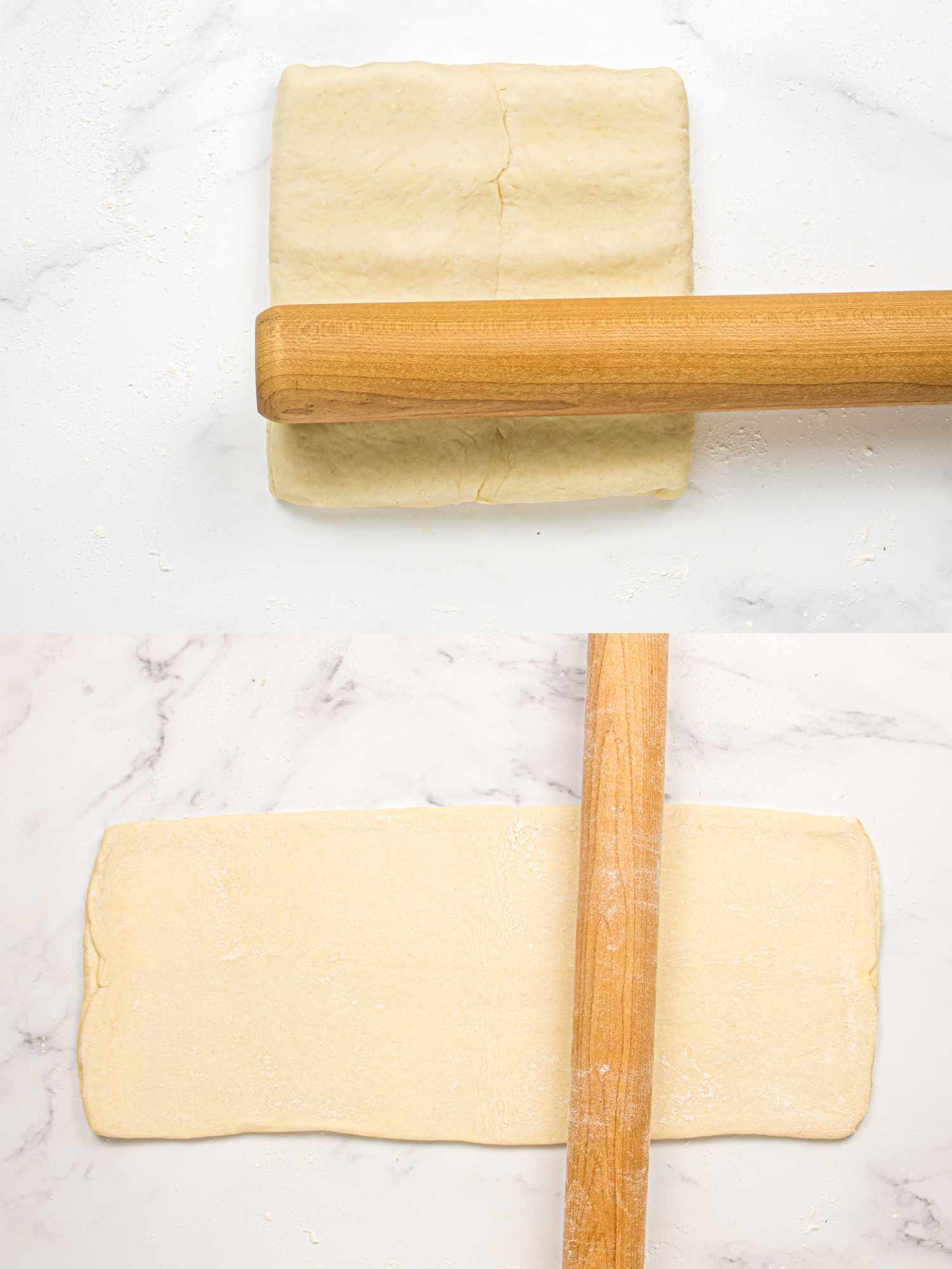 Rolling out croissant dough with a rolling pin in two steps