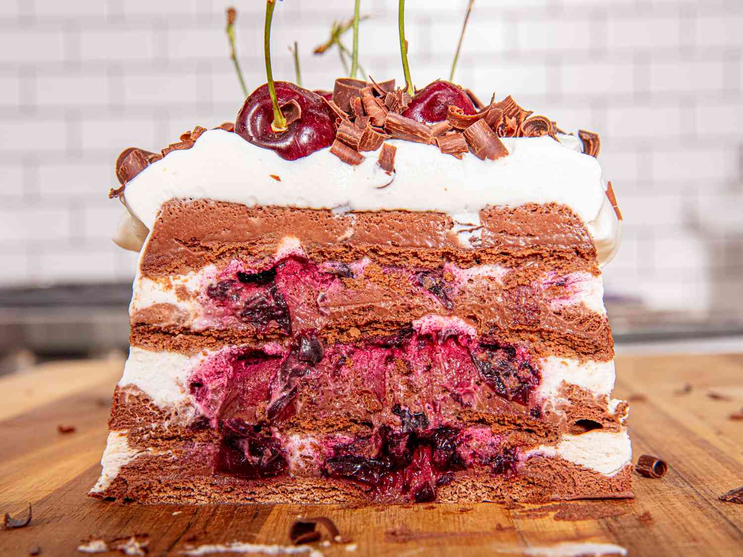 Overhead view of building black forest icebox cake