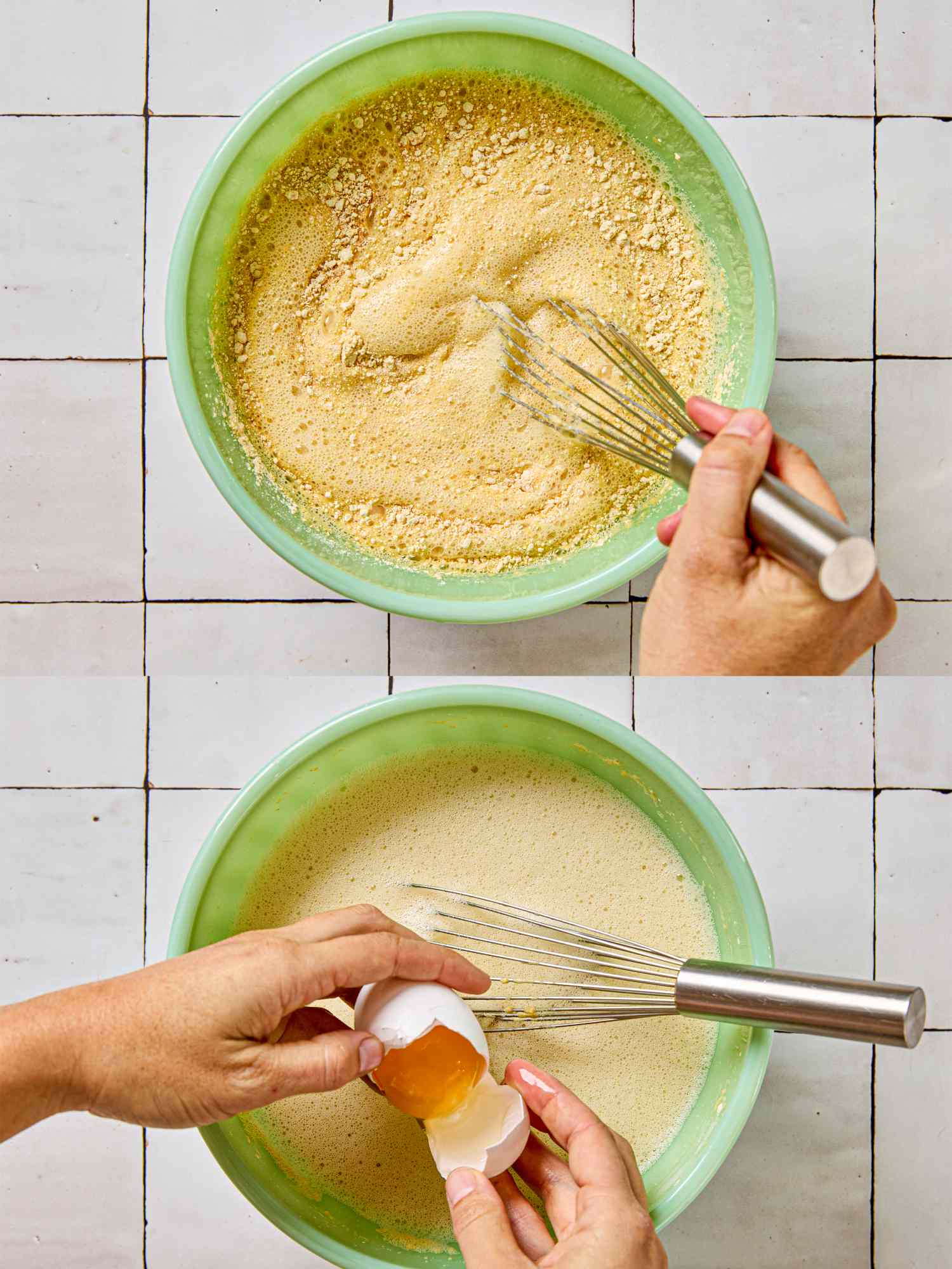 Two images of someone mixing batter in a bowl one shows whisking batter and another shows adding an egg