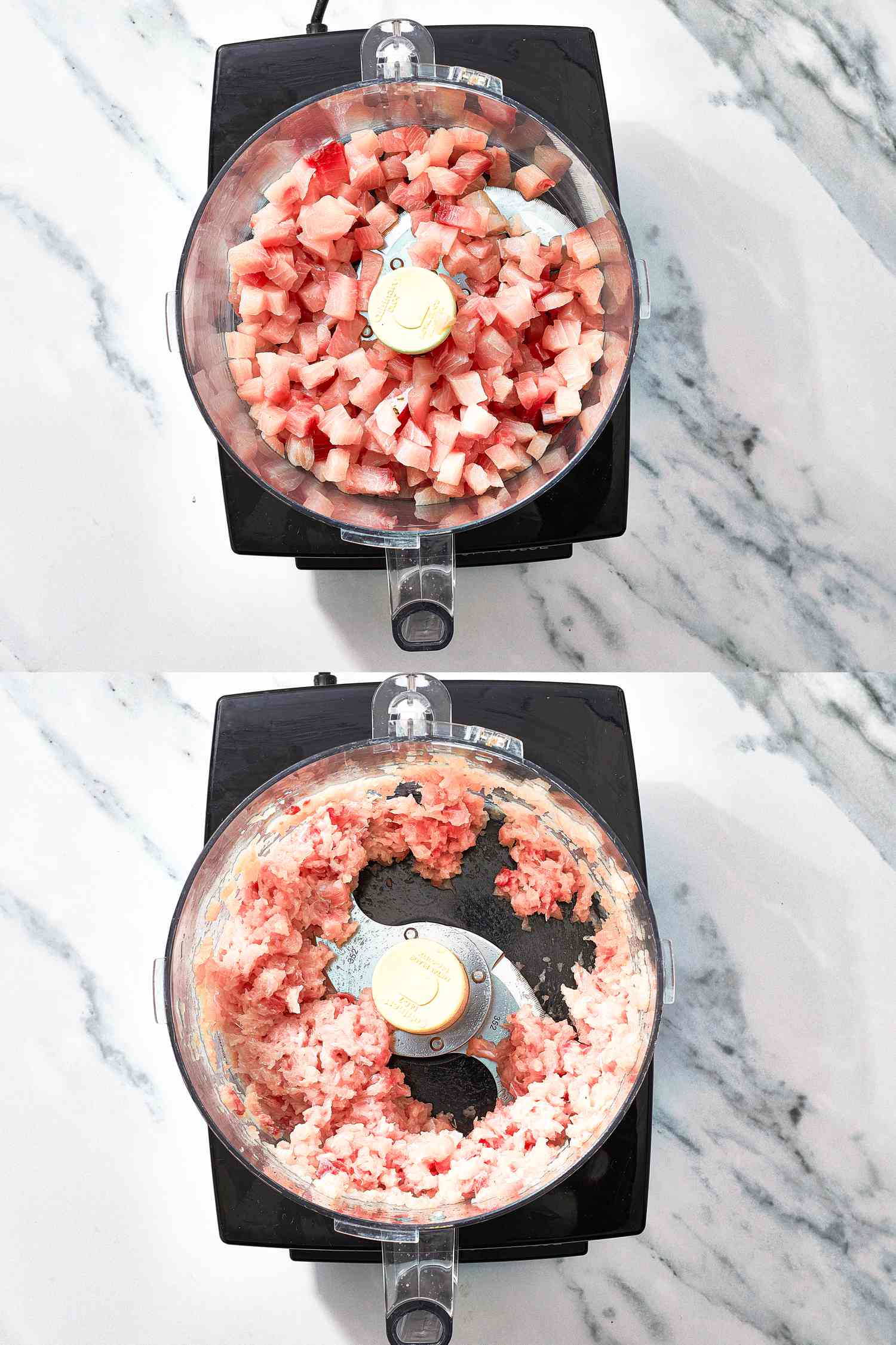 Two image collage of frozen fish in food processor before and after being pulsed