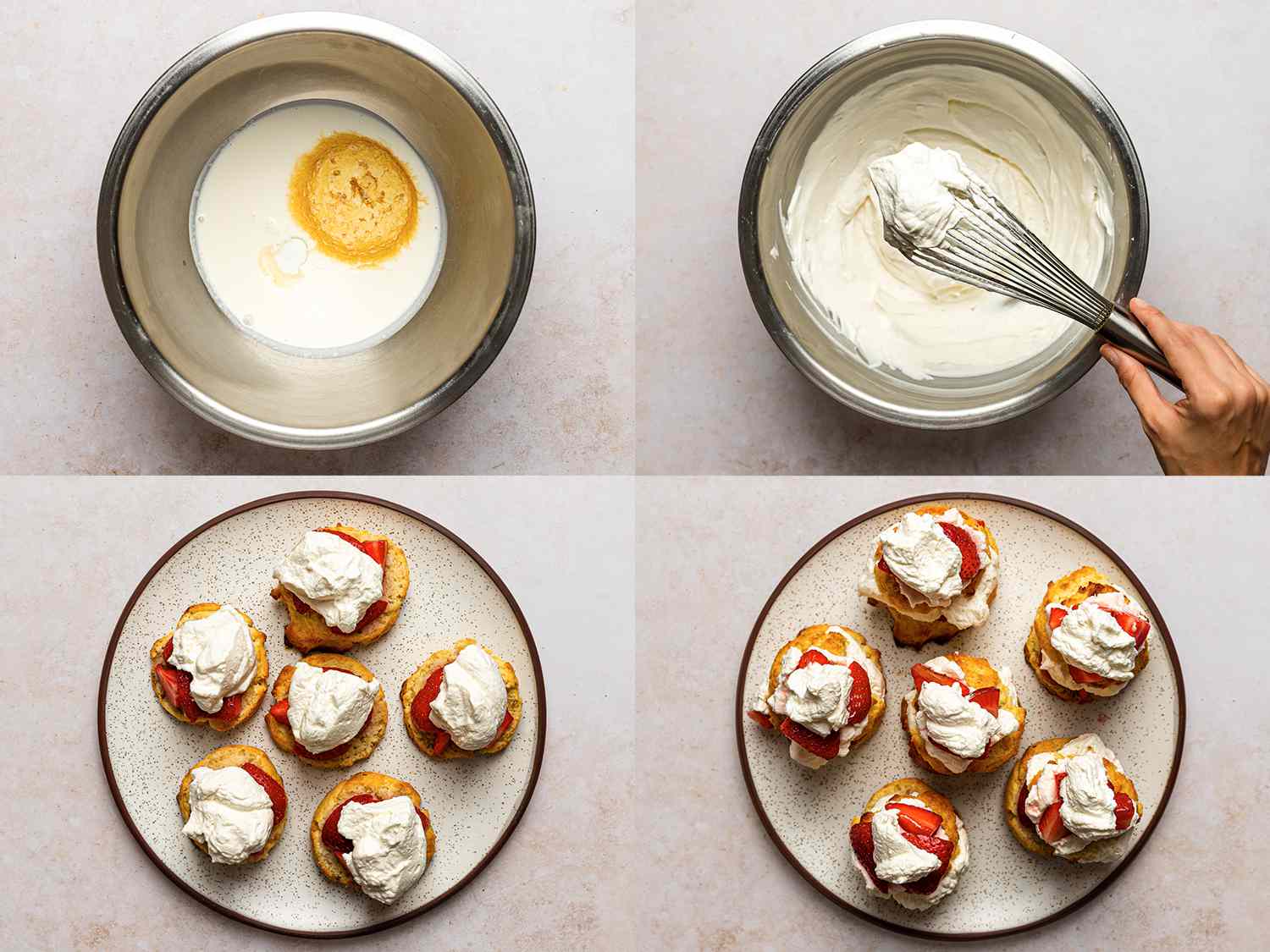 A four-image collage. The top left image shows the remaining cream, sugar, and vanilla in a bowl before whipping. The top right image shows stiff peaks formed after whipping the cream, sugar, and vanilla. The bottom left image shows the biscuits split and topped with strawberries and cream. The bottom right image shows the strawberry shortcakes closed and topped with more whipped cream.